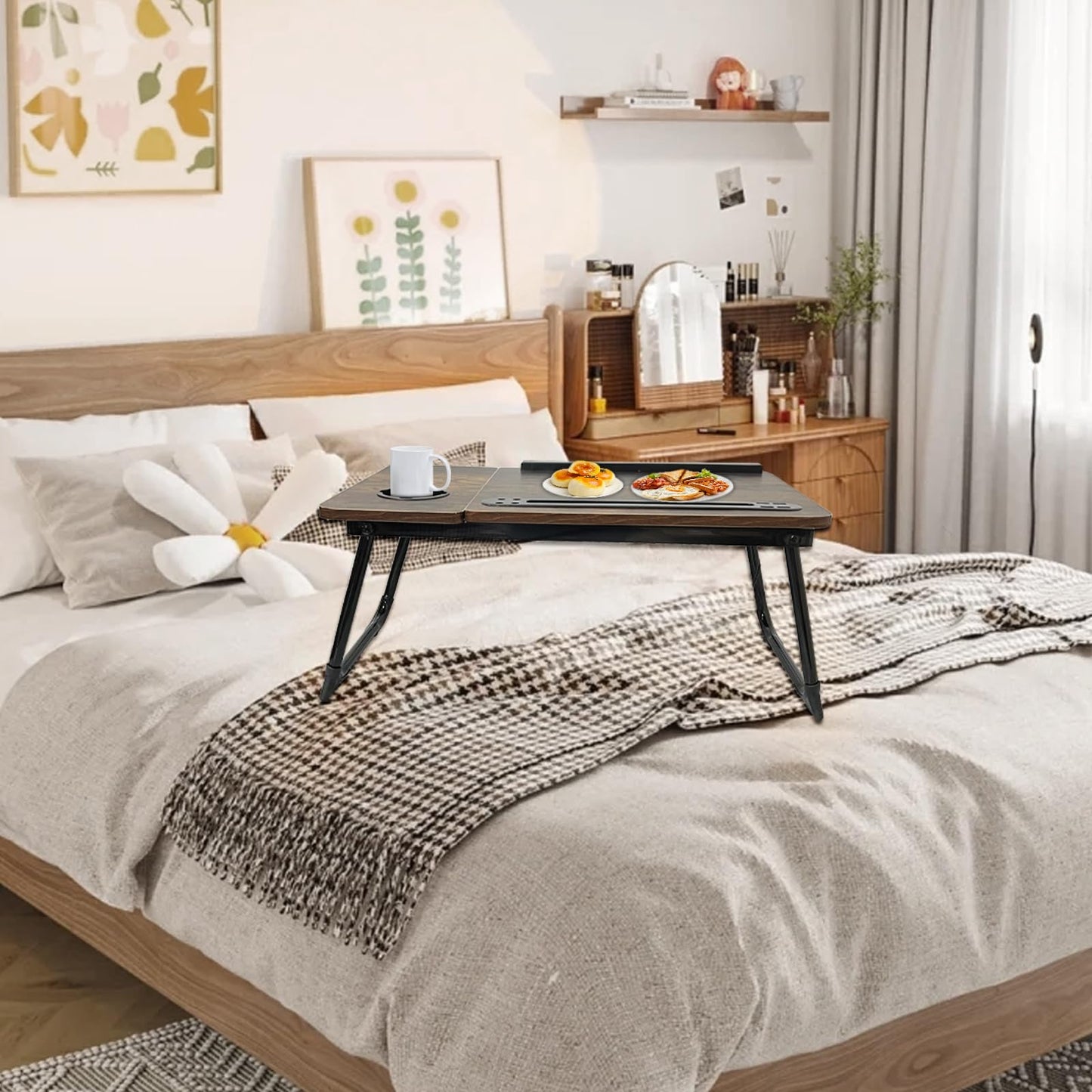 Laptop Desk for Bed, Laptops Bed Tray Desk with 5 Different Angles, Foldable Laptop Bed Table with USB Charge Port and Cup Holder for Writing Working (Rustic Brown)