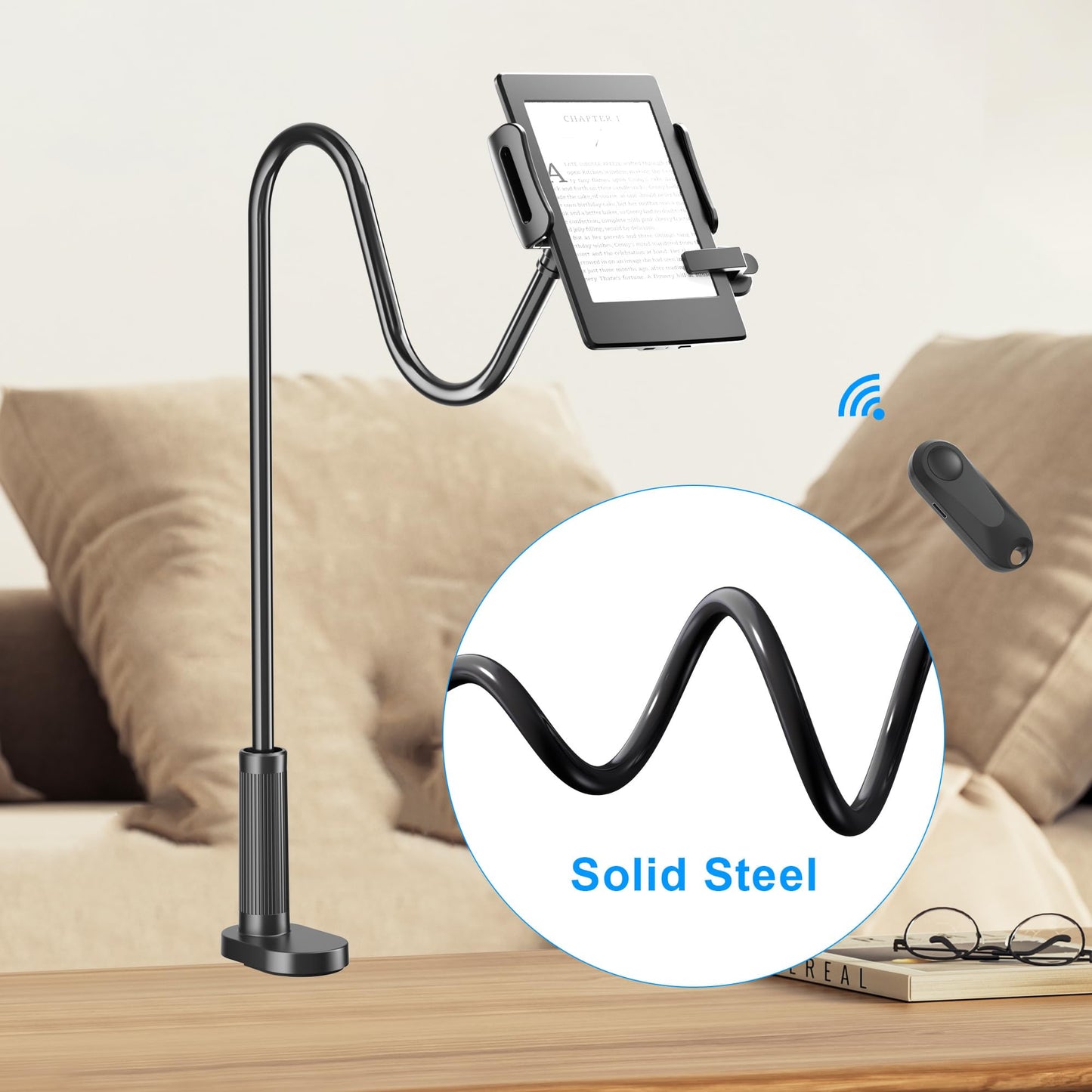 Kefotic Gooseneck Tablet Holder for Kindle Reading in Bed with Page Turner Remote, Hands Free Desk Bedside Lazy Arm Stand for Kindle Accessories, Gifts for Readers