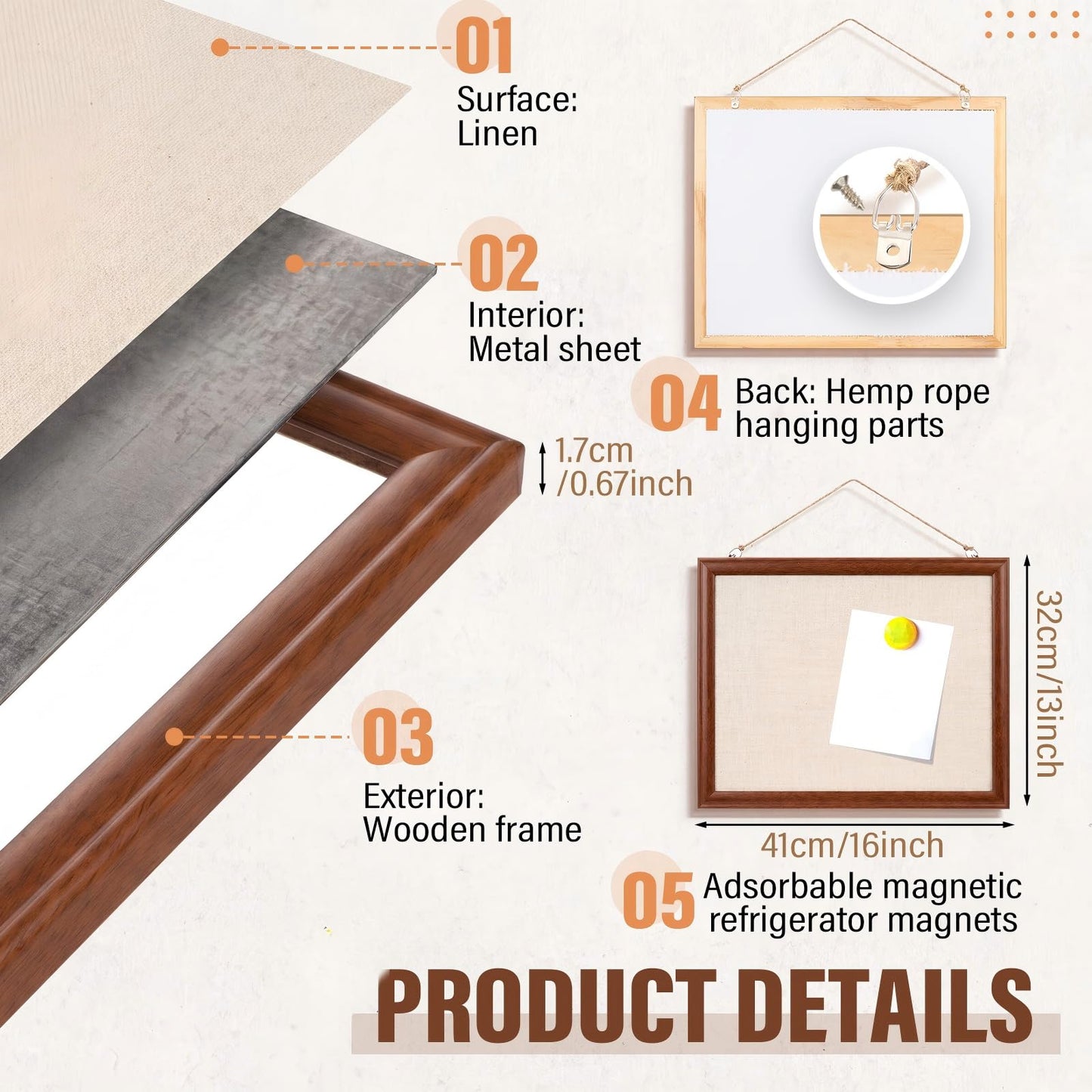 Poola Voidra Magnetic Linen Bulletin Board Wooden Frame Magnetic Board for Wall Farmhouse Hanging Metal Bulletin for Display Magnetical Letter Refrigerator Photo Number Note (16 x 13 Inch,Walnut)