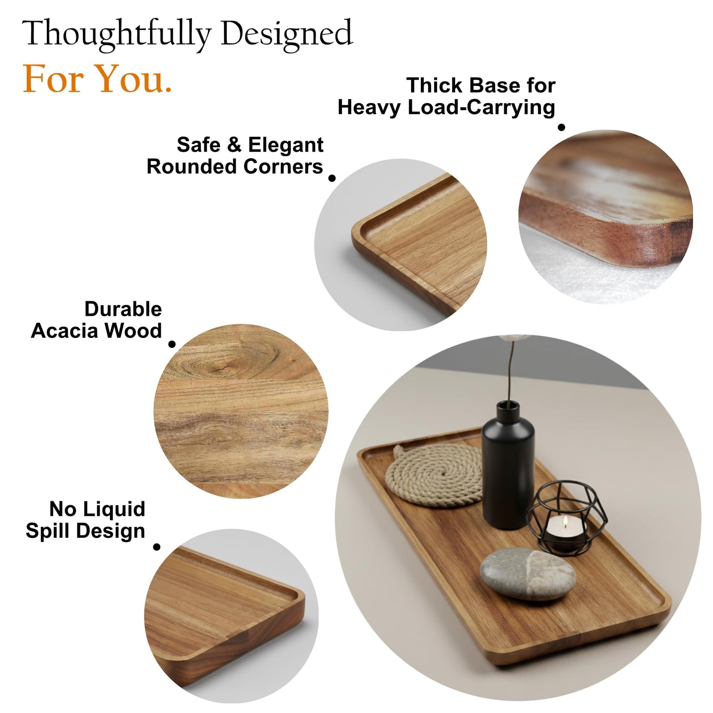 Maple Mill - Acacia Rectangle Wooden Tray - 2 Sizes 16" X 12" and 10" X 6" - Food Safe Serving Tray - Large & Small Wooden Trays Combination - Durable Wood Display Tray for Coffee Party or Home Decor