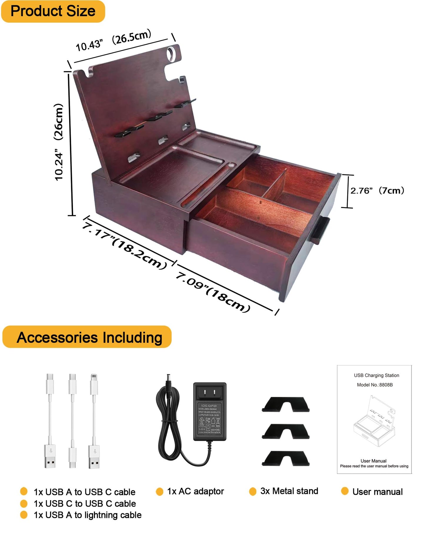 Nightstand Organizer with Drawer Built in 4 USB Charger, Wood Phone Docking Station with Dual Phone Charging Station for Apple Android Phones Anniversary Birthday Gifts for Men Dad Hunsband Mom