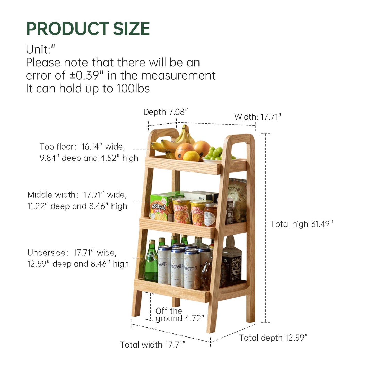 Vadisun 100% Solid Oak 3 Tier Ladder Shelf, Small Bookshelf, Ladder Bookshelf, Bookcase with Stable Frame, Small Table for Living Room Bedroom(Natural, 12.6" L x 17.72" W x 31.5" H)