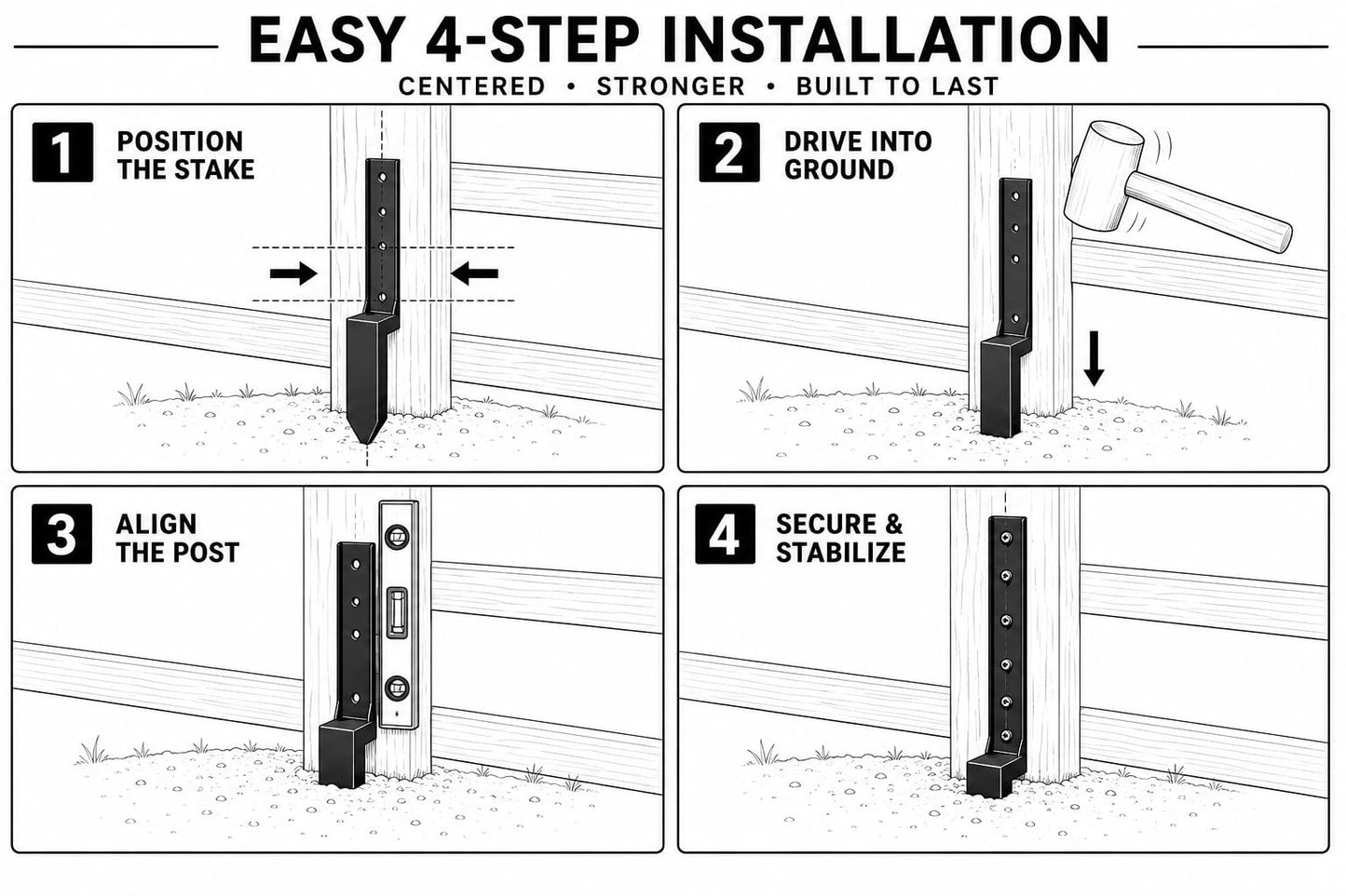 INCOSYP Fence Post Repair Kit Heavy Duty – Steel Fence Post Anchor for Leaning or Broken Posts, Ground Stake Stabilizer Support with Screws & Tool, 33 Inch (Pack of 1/2 / 4).