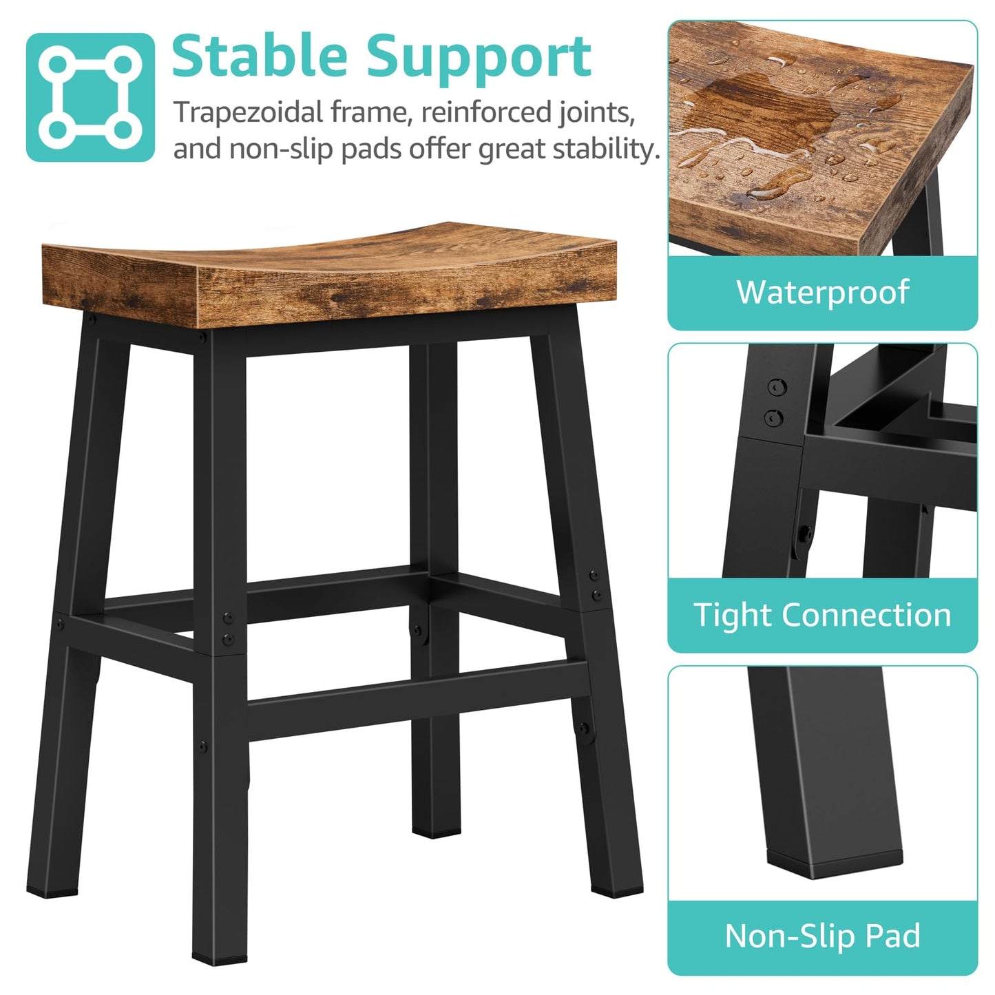 WINAZ Rustic Bar Stools, 24 Inch Barstools Set of 2, Counter Height Stool with Footrest, Wooden Stools for Kitchen Island, Heavy Duty Backless Chair for Dining Table Farmhouse Outdoor
