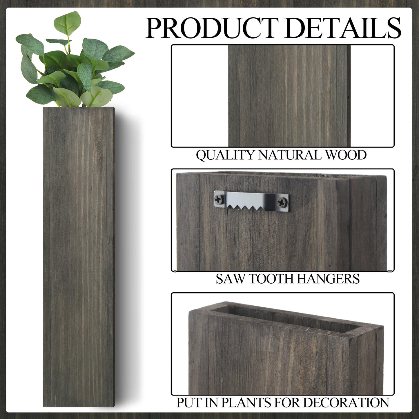 Skylety 6 Pack Wood Wall Planters for Indoor Plants Wooden Hanging Vase Farmhouse Wall Decoration for Bedroom and Living Room(Dark Brown)
