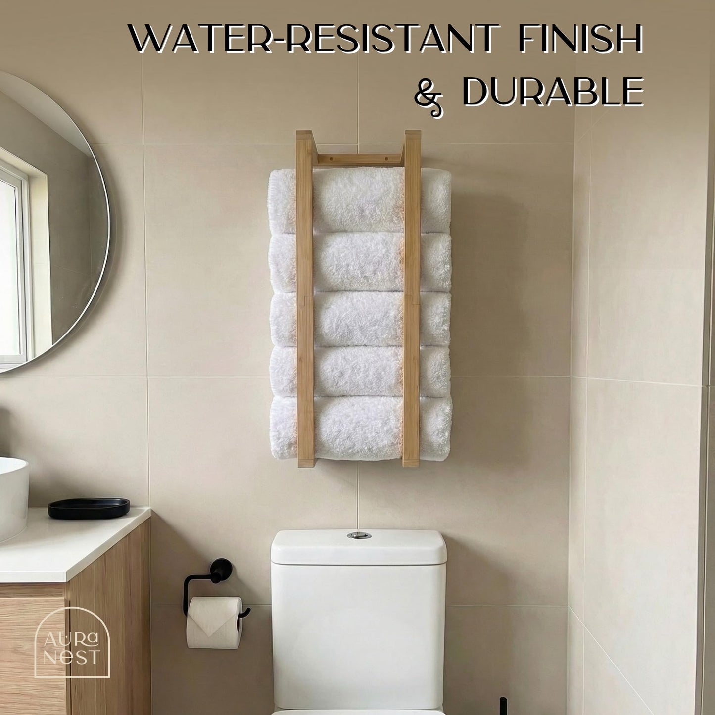 Aura Nest Bamboo Towel Racks - Vertical Wood Towel Rack Bamboo Bathroom Accessories, Storage, Wall Towel Rack for Rolled Towels for Bathroom Furniture, Spa Furniture and Decor