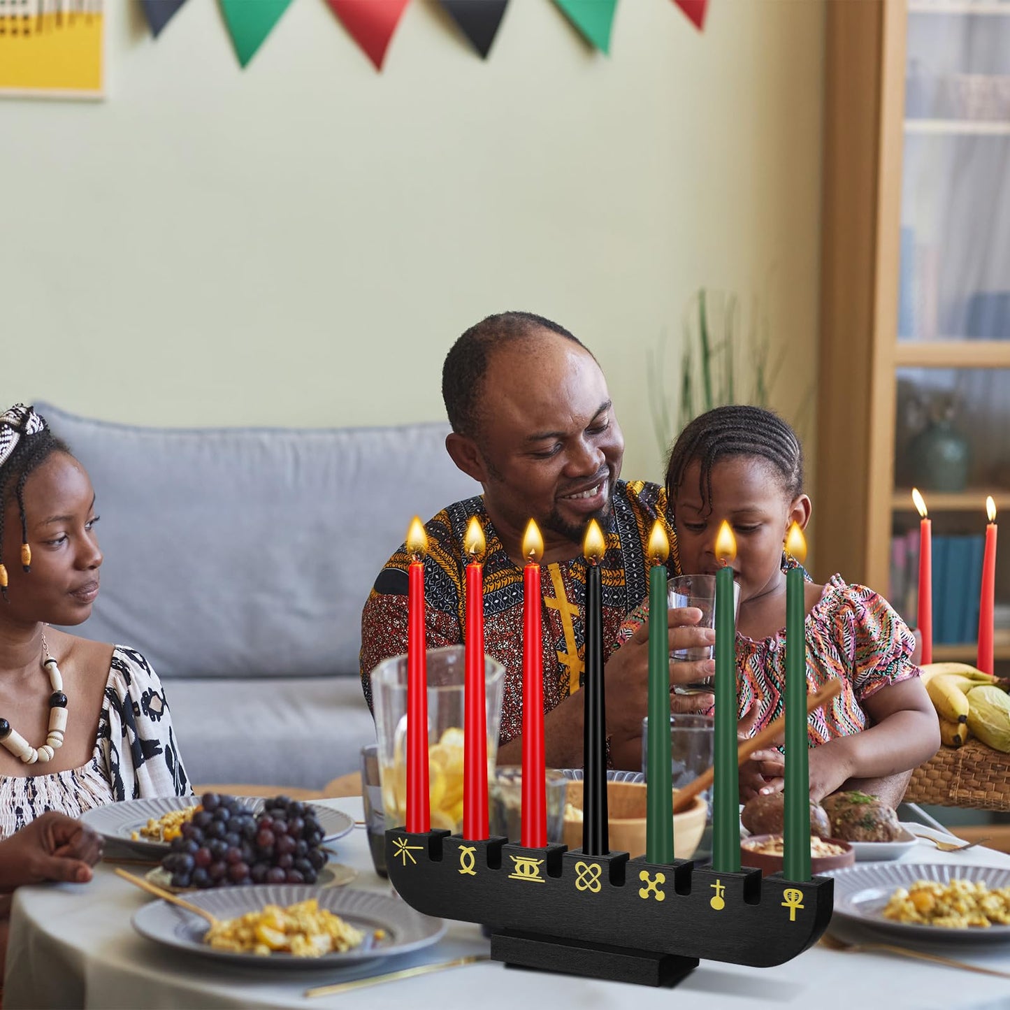 Bucherry Wooden Kwanzaa Decor Handmade Wooden Kinara with Gold Kwanzaa Letters Double Sided Celebration for Home Decor(Black)