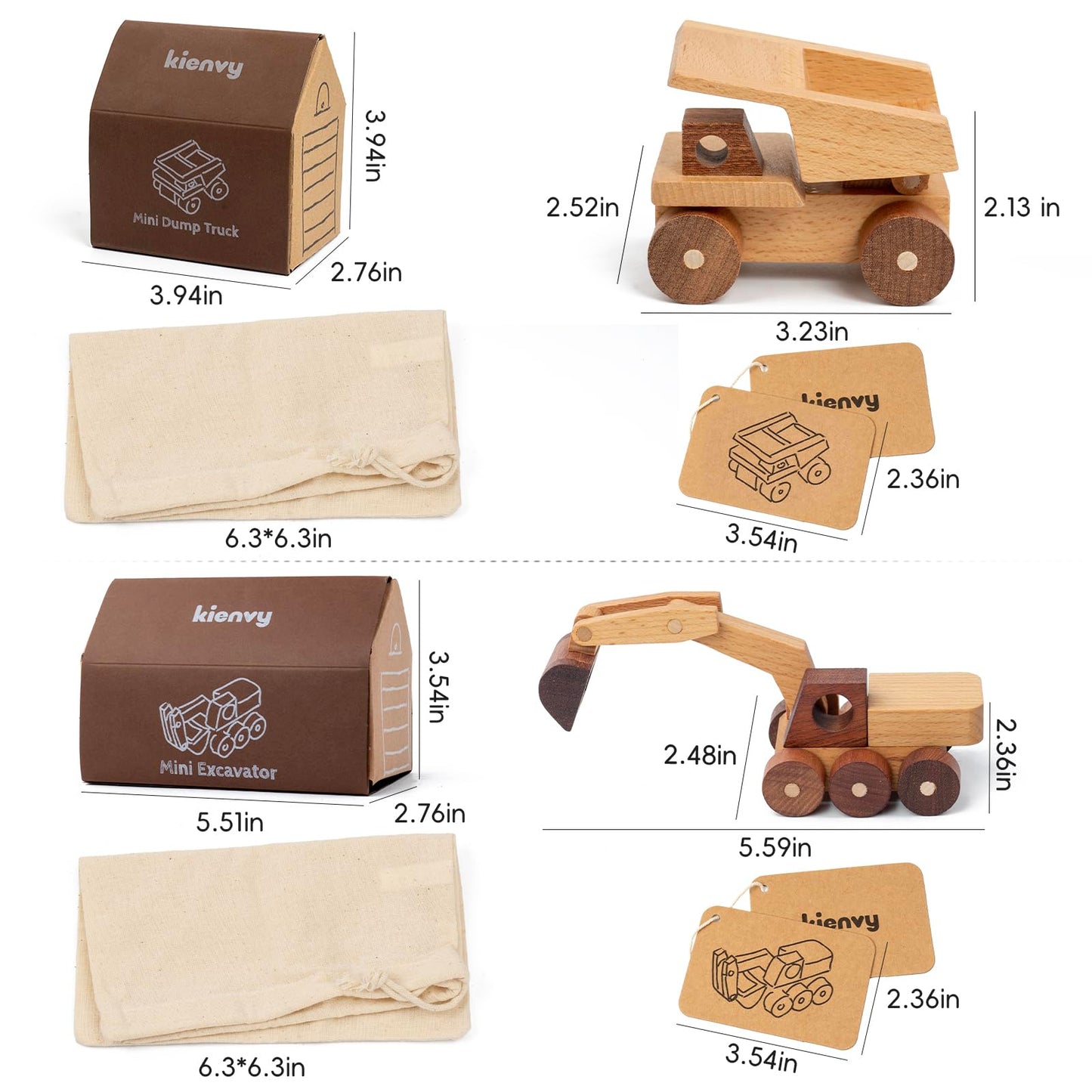 kienvy Wooden Toy Cars for 3 Year Old Boys & Girls - Construction Vehicles Set Push Toys for Toddlers, Wood Montessori Car with Rolling Wheels, Natural Wood Toys (Excavator & Dump Truck)