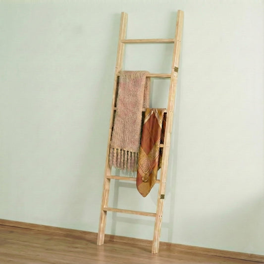 Blanket Ladder for Living Room 6-Tier, Wooden Decorative Quilt Holder for Bed Room, Wall-Leaning Towel Rack for Bathroom, Decorative Blanket Ladder Wood for Home Decor & Display (Light Wash)