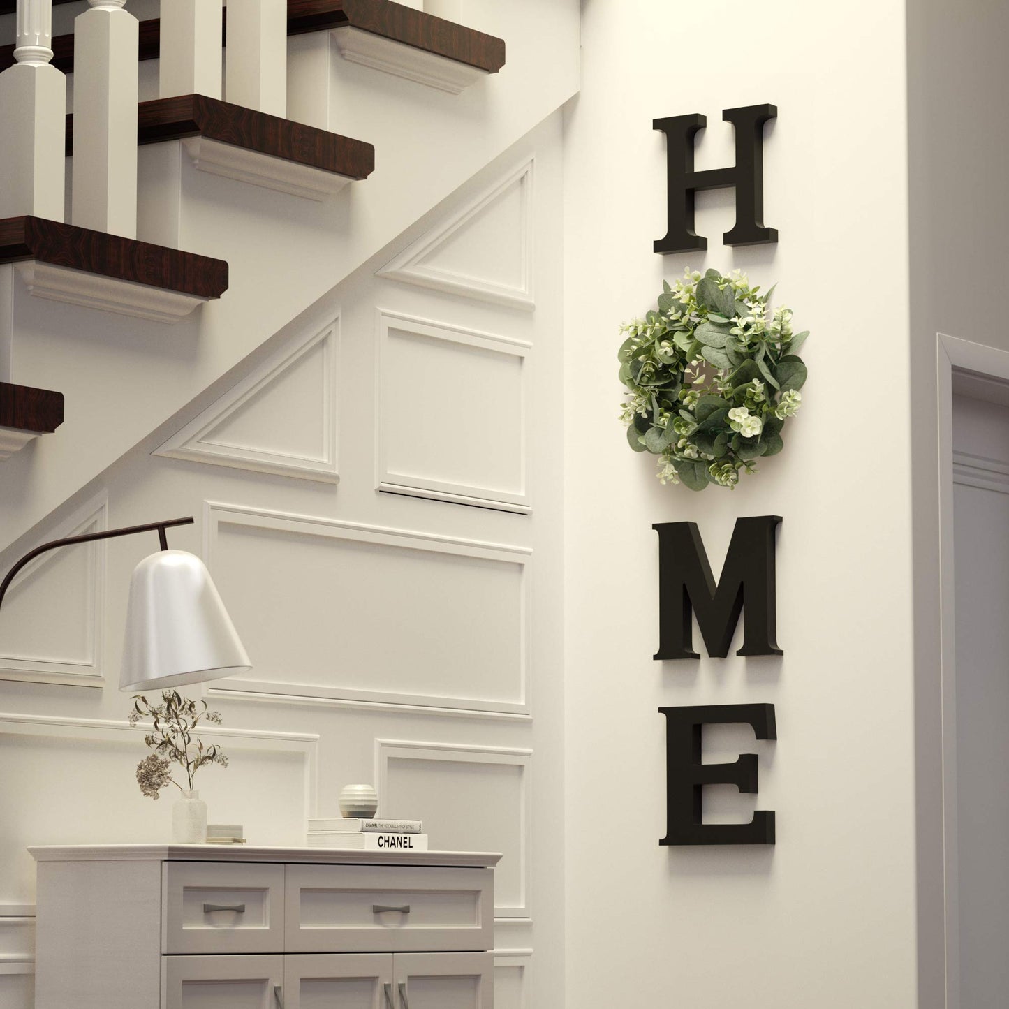 Wooden Home Letters with Wreath Artificial Eucalyptus Modern Decorative Hanging Farmhouse Sign for Living Room & Kitchen - Housewarming & Couple Gifts - Christmas Decoration