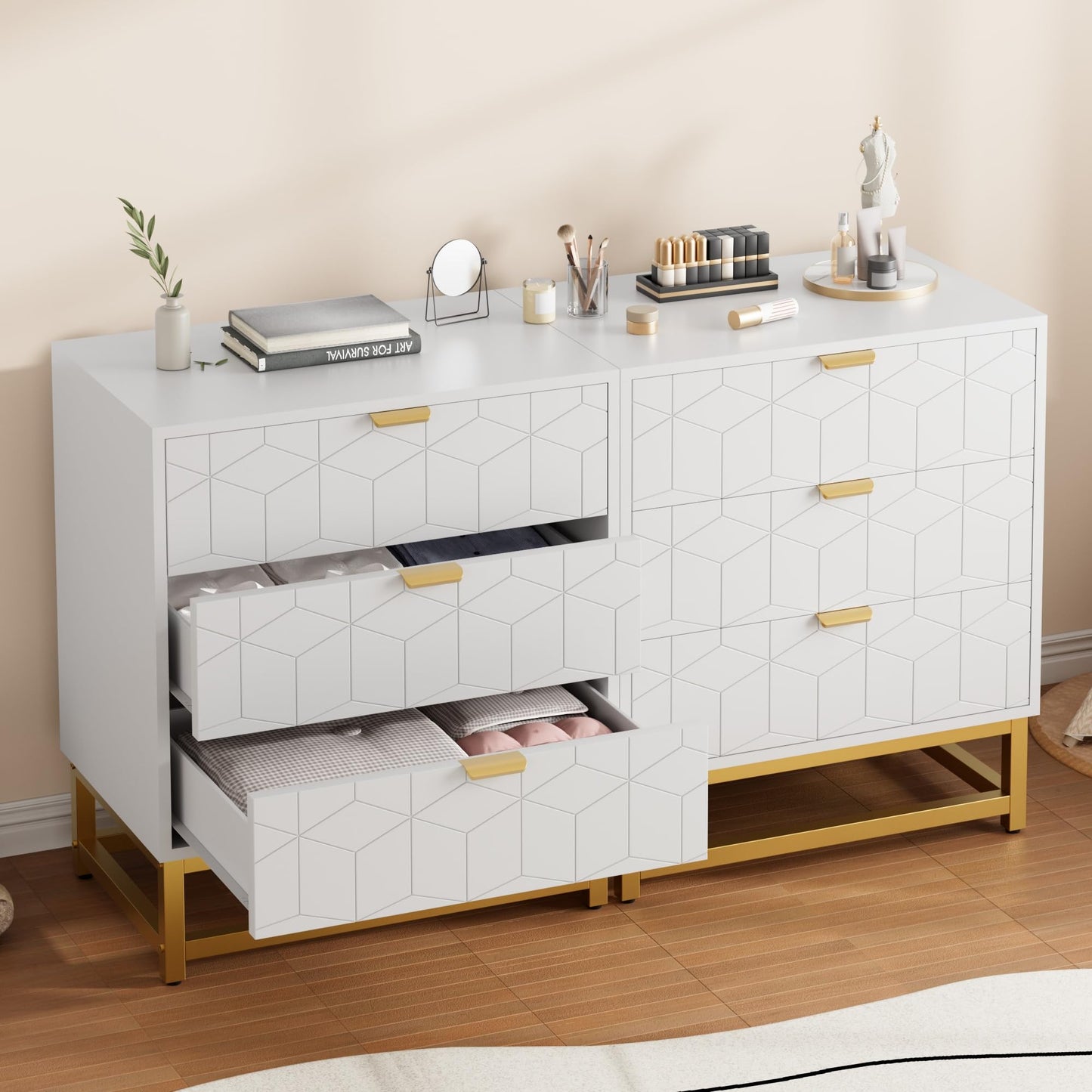GAOMON 3 Drawer Dresser, Wood Chest Drawers with Storage for Closet, Bedroom, Drawers Dresser Modern Bedside Nightstand with Gold Handles, White