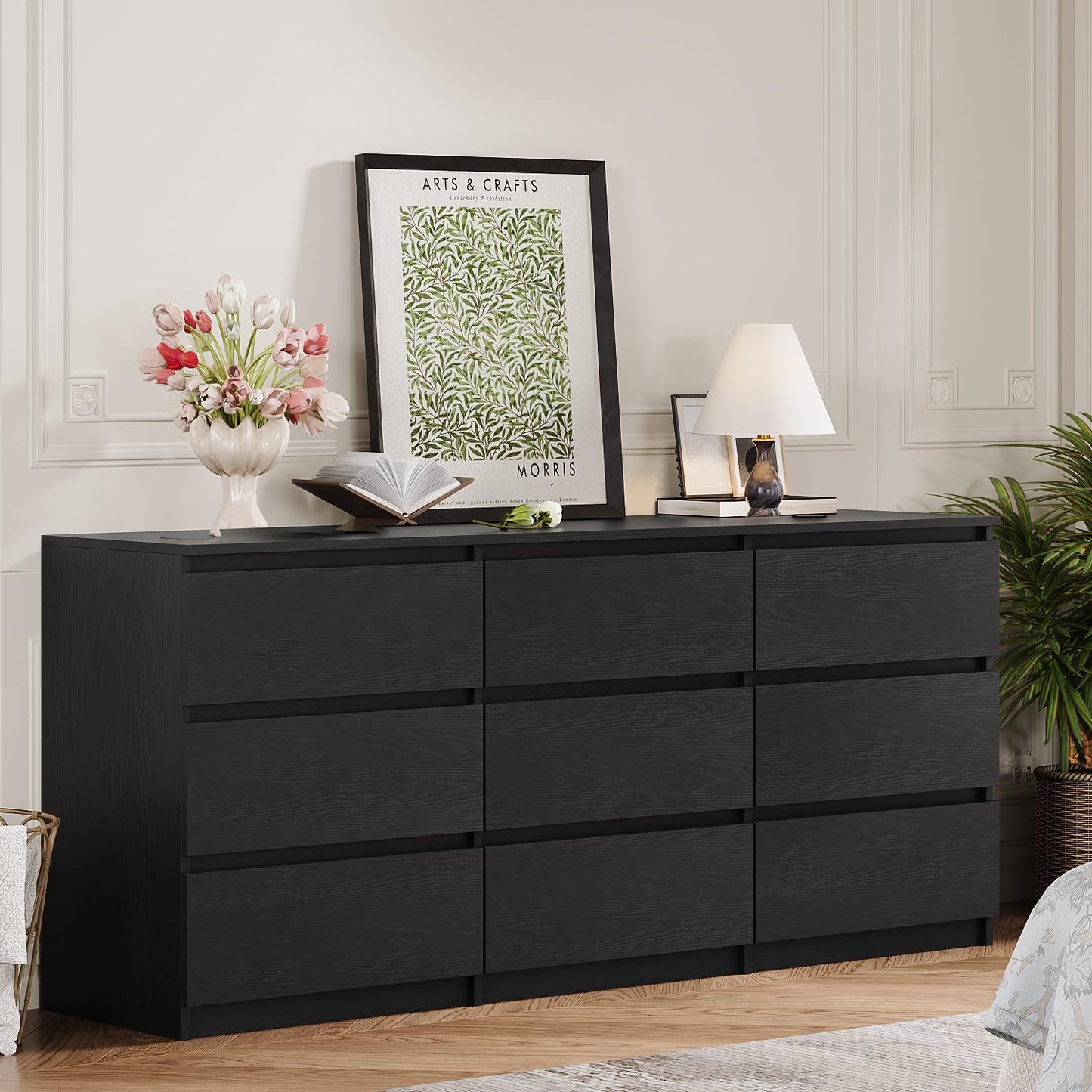 Angel Sar 62'' Black Dresser for Bedroom, Modern 9 Drawer Wood Dresser with Handle-Free Design & Thick Panel, Minimalist Storage Cabinet for Clothes, Entryway Use