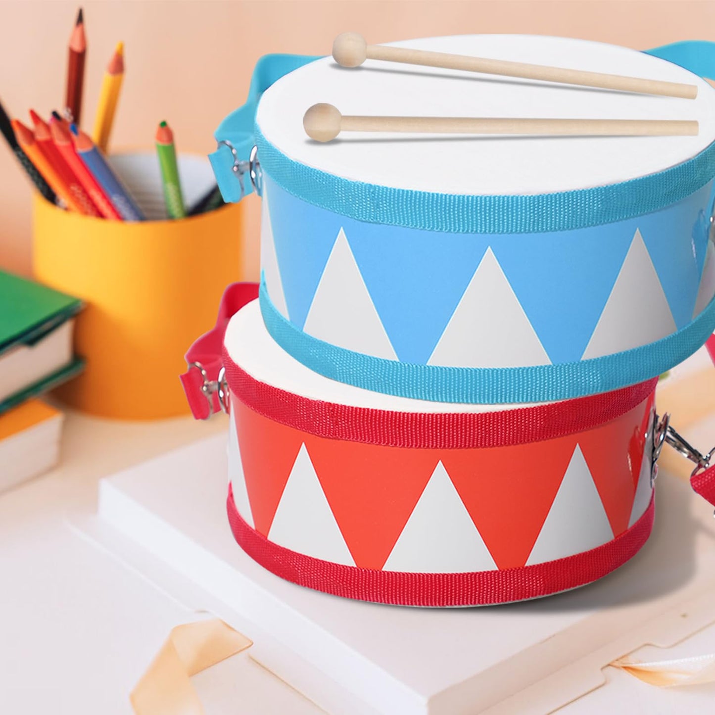 TANEMUDO 4 Pcs Drum Set for Kids 8 Inch Toddler Toy Drum 10 Drumsticks with Adjustable Strap Wooden Drum Educational Musical Instrument Toys Sensory Musical Instrument Drum for Toddler Girls Boys