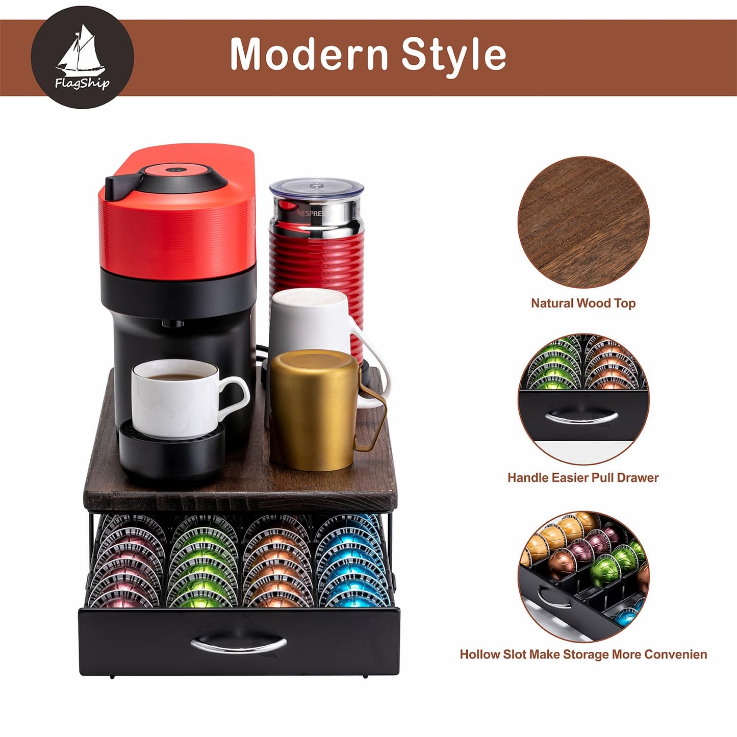 FlagShip for Nespresso Pod Drawer Vertuo Pod holder Coffee Pod Organizer Modern Style And Coffee Machine Stand Wood Top(40 Pods Capacity)