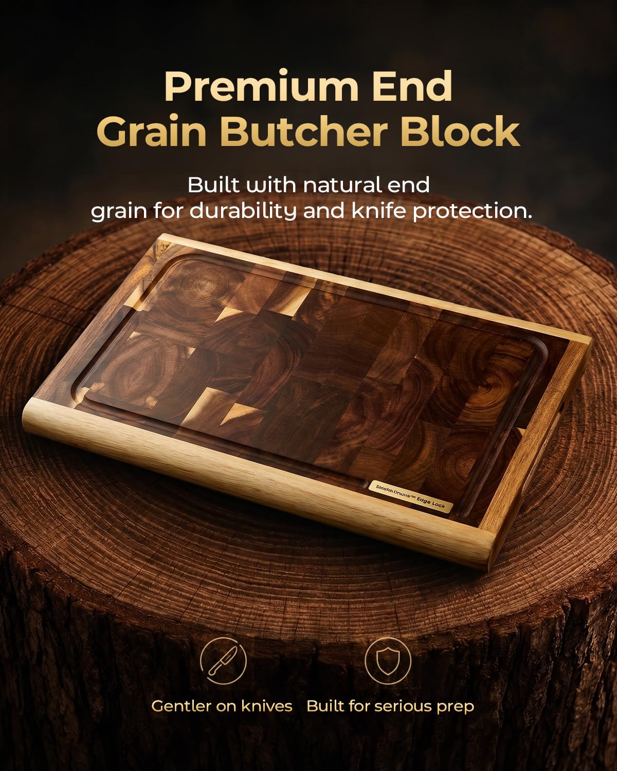 ARMORBEAR End Grain Acacia Wood Cutting Board, Reinforced Shield+Frame™ Edge Lock, Thick Butcher Block Cutting Board for Kitchen, Large Wooden Chopping Board with Juice Groove, 15.8 x 11.2 x 1.2 Inch