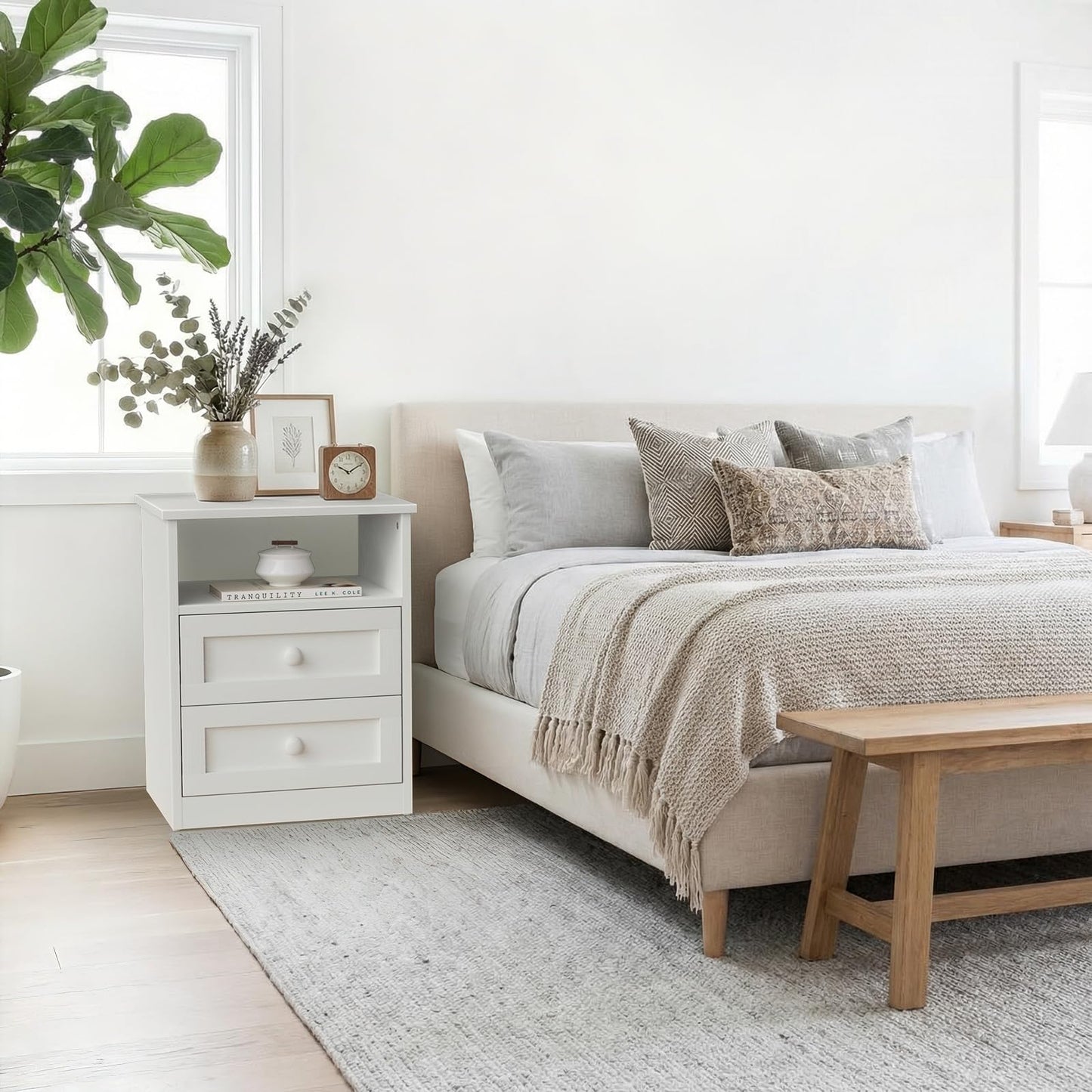 White Wooden Nightstand with Charging Station - Framhous Led Night Stand with 2 Drawers Modern Bedside Table for Bedroom Wood End Table with Lights and Storage