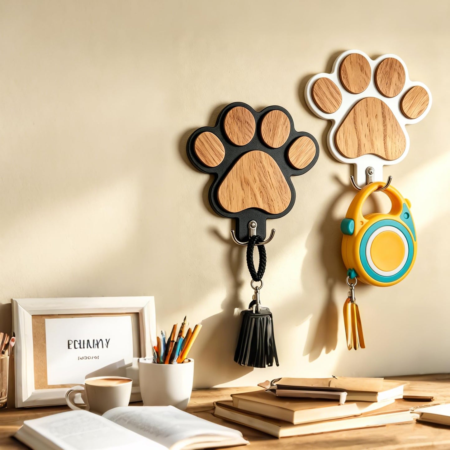 Chwsssgy 2PC 3D Wooden Dog Paw Leash Holder for Wall, Set of 2 Rustic Dog Harness & Key Organizer, Decorative Pet Paw Hooks for Leashes, Collars & Coats, Ideal Pet Lover Gift for Entryway & Mudroom