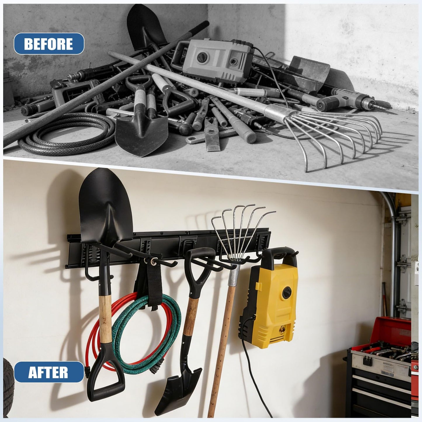 14Pack Garage Tool Organizer Wall Mount, 49.5'' Garage Wall Organizer with 11 Adjustable Hooks, 520lbs Heavy Duty Garage Storage, Garage Hanging Rack for Garden Yard Tools,Ladder,Shovel,Weed Eater