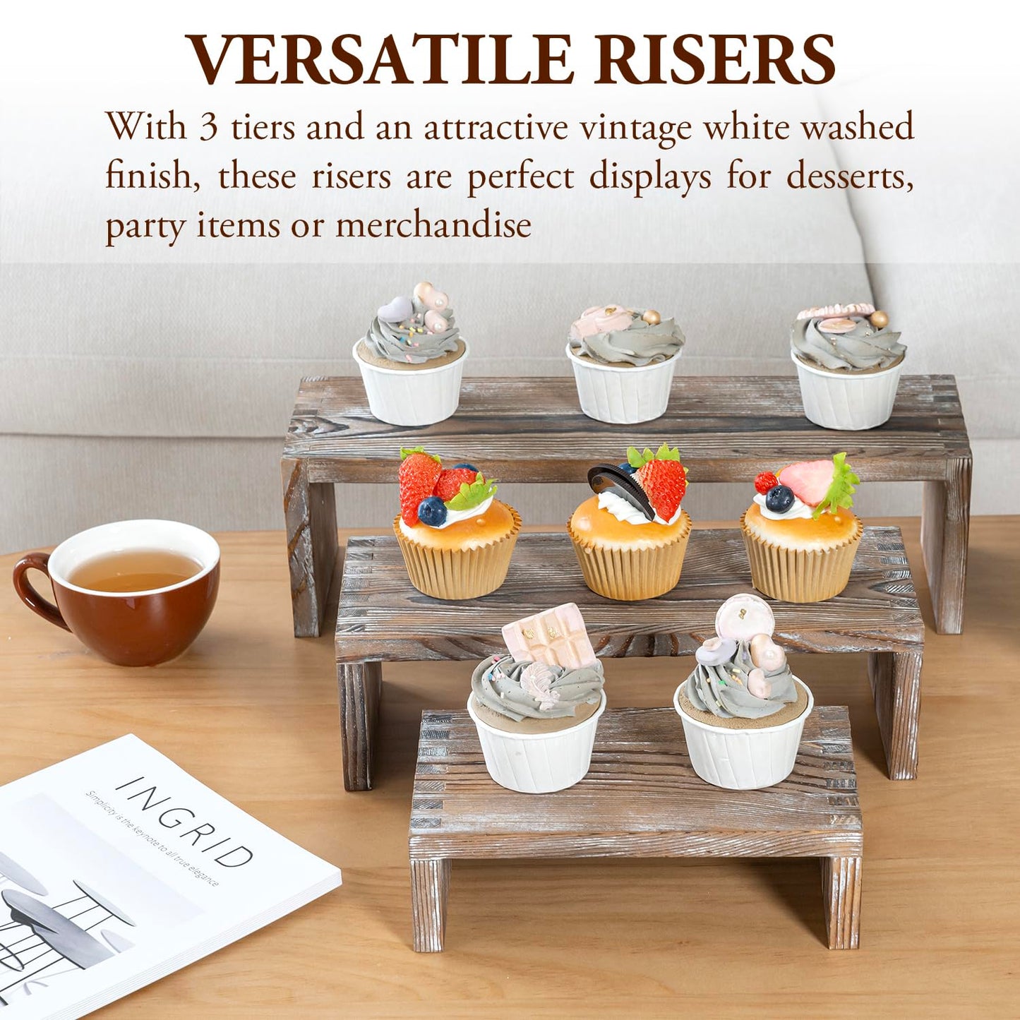 MyGift Rustic Brown Wood 3-Tier Collectibles Figurine Display Risers, Dessert Showcase Stands, Set of 3