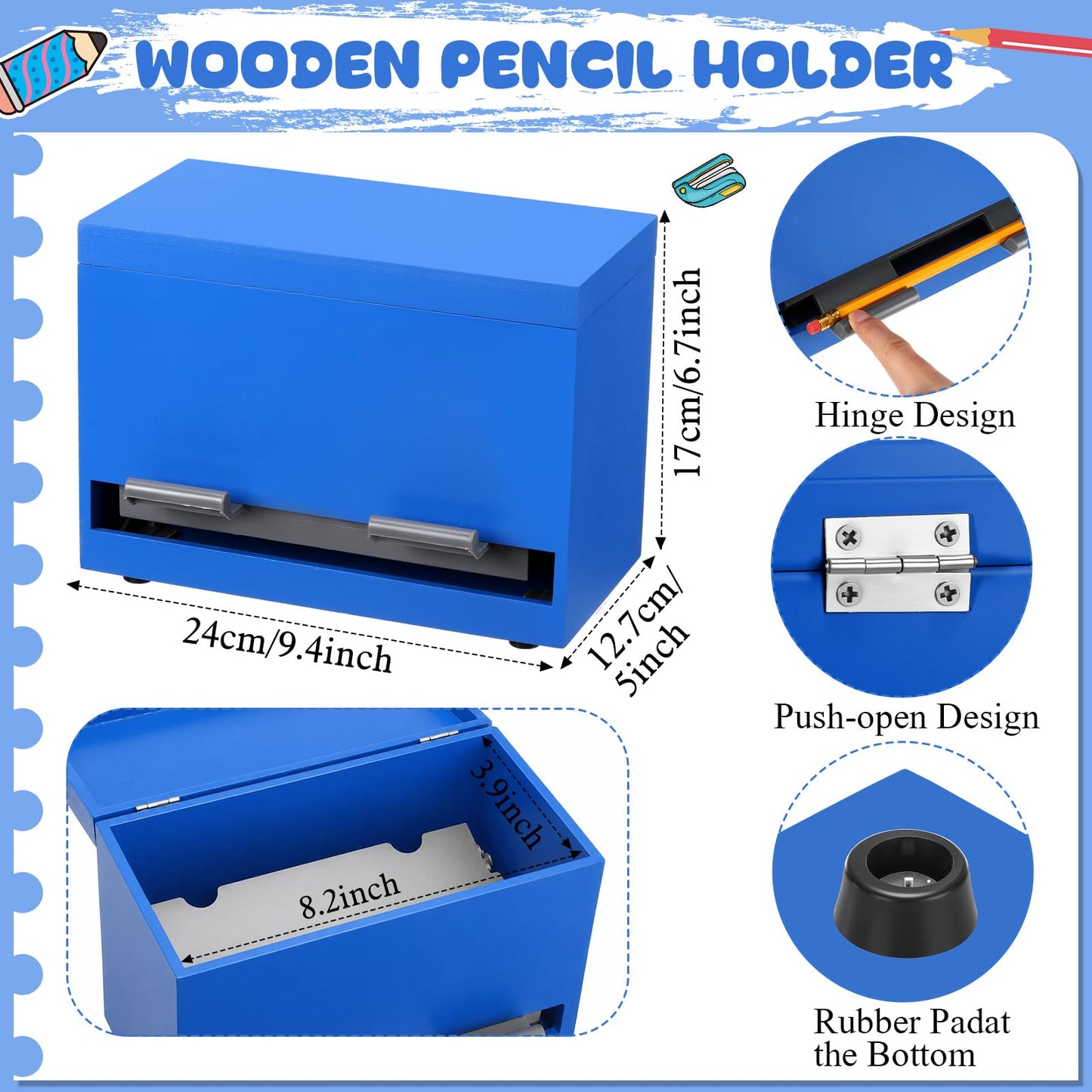Yalikop 1 Pc Wooden Pencil Dispenser for Classroom Pastel Wood Pencils Holder for up to 200 Pencils Reusable Straw Dispenser for Home Office Teachers Supplies Storage (Classic,Dark Blue)