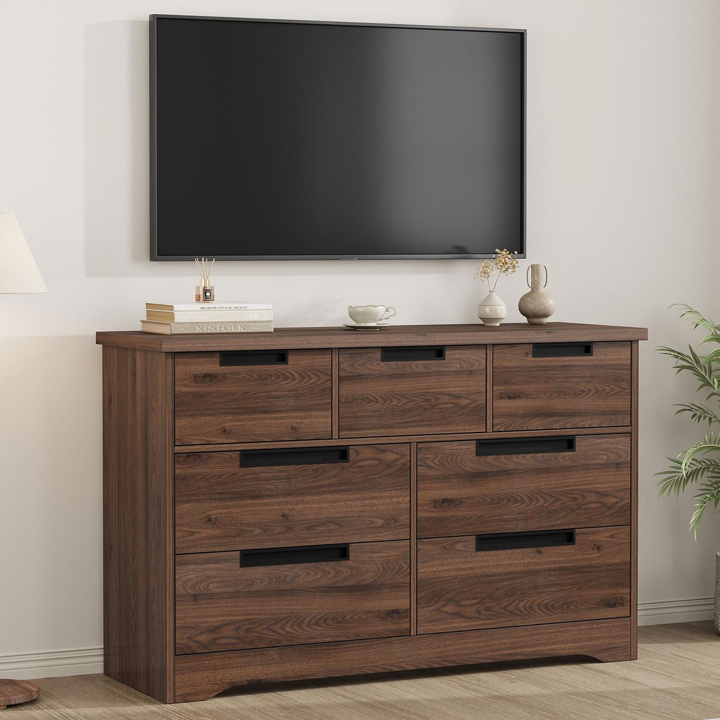 Garvee 7 Drawer Dresser for Bedroom, 55in Wide Modern Chest of Drawers Closet with Built-in Handles Design, Wooden Dresser Organizer for Living Room, Nursery, Hallway - Walnut