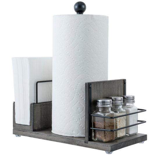 MyGift Rustic Paper Towel Holder & Napkin Holder Set – Wooden Countertop Kitchen Caddy with Spice Rack (Matte Black Industrial Style)