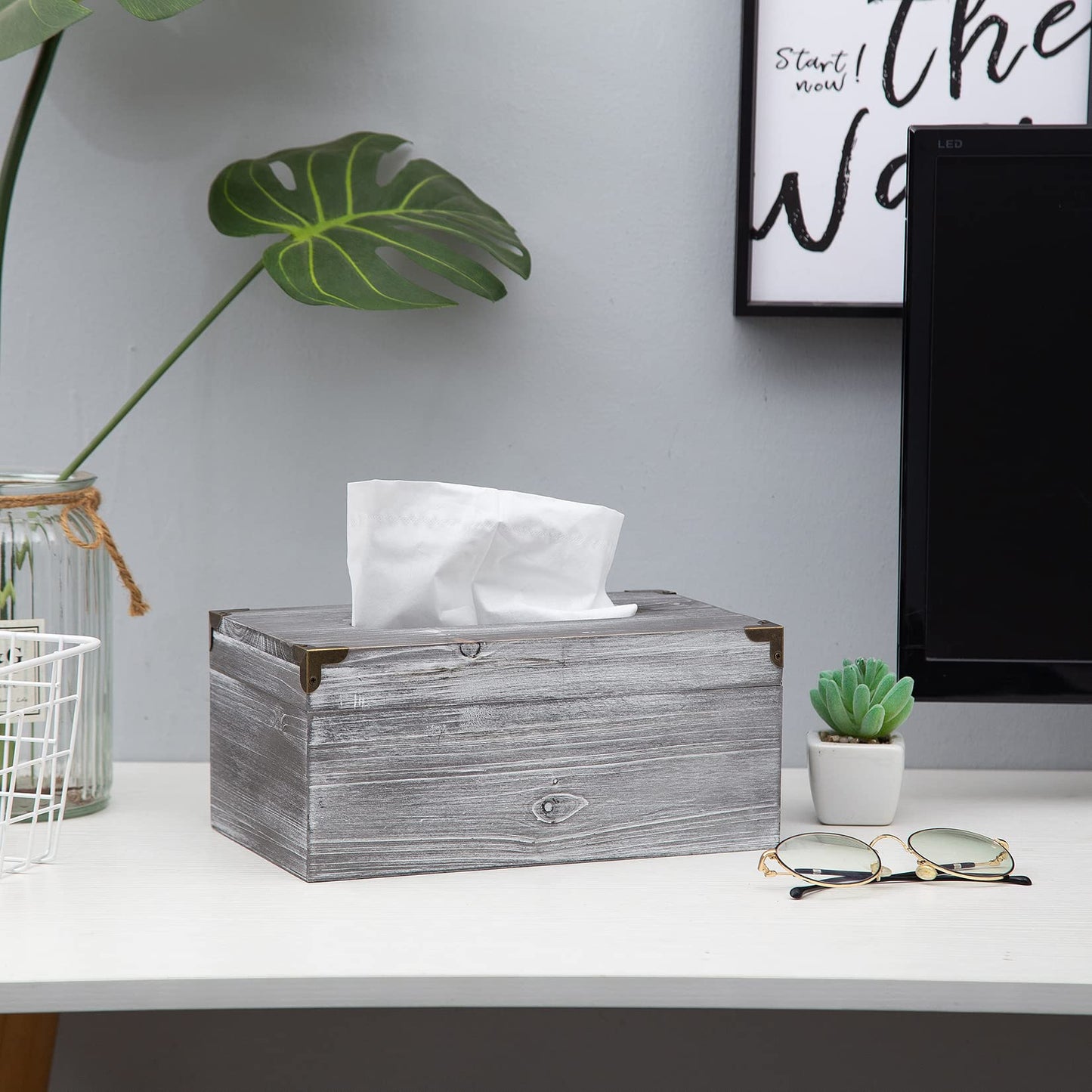 Distressed Wooden Rustic Tissue Box Holder Tissue Box Cover Napkin Dispenser for Bathroom Living Room Dining Room Bedroom Toilet (Grey White)