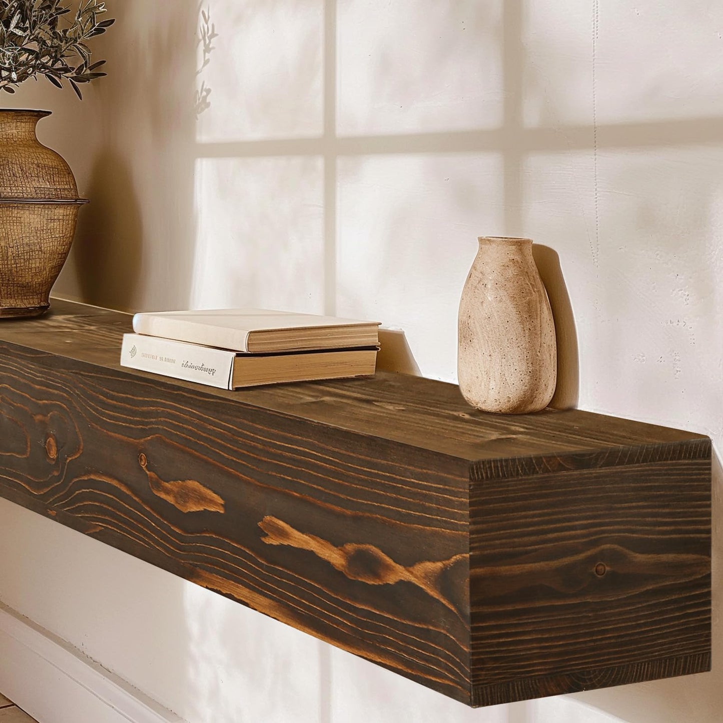 YLYHSST Fireplace Mantel Handmade, 6'' Thick Wall Decor Long Floating Shelf, 72inch Rustic Wood Shelf with Invisible Brackets, Brown