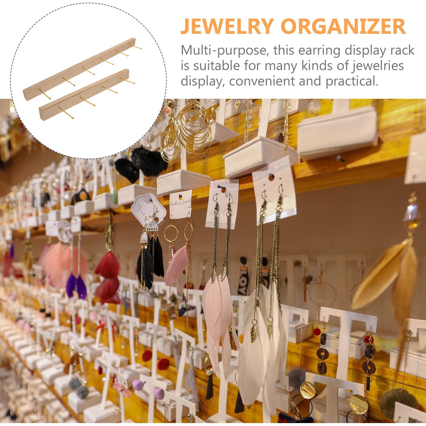 Holibanna Wall Jewelry Organizer Wooden Necklace Holder Wall Mount with Hooks for Earrings Rings Bracelet Jewelry Display Holder for Home Dresser Store 18.89 X 1.29 X 2.36 in