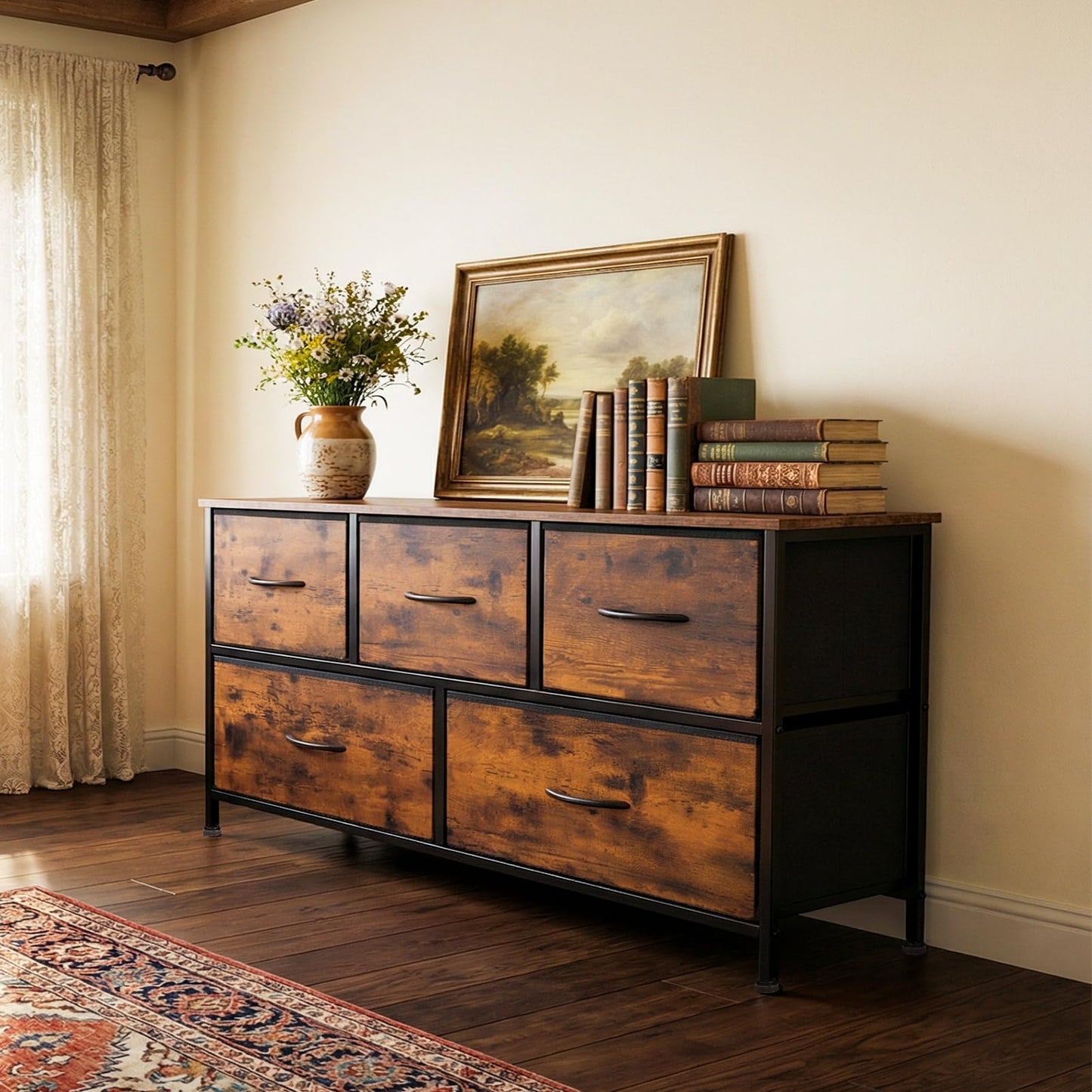 SHAWKEN Dresser for Bedroom with 5 Drawers,Fabric Dresser with One-Piece Steel Frame,Budget-Friendly Organizer for Closet, Hallway, Studio Apartment (Rustic Brown)