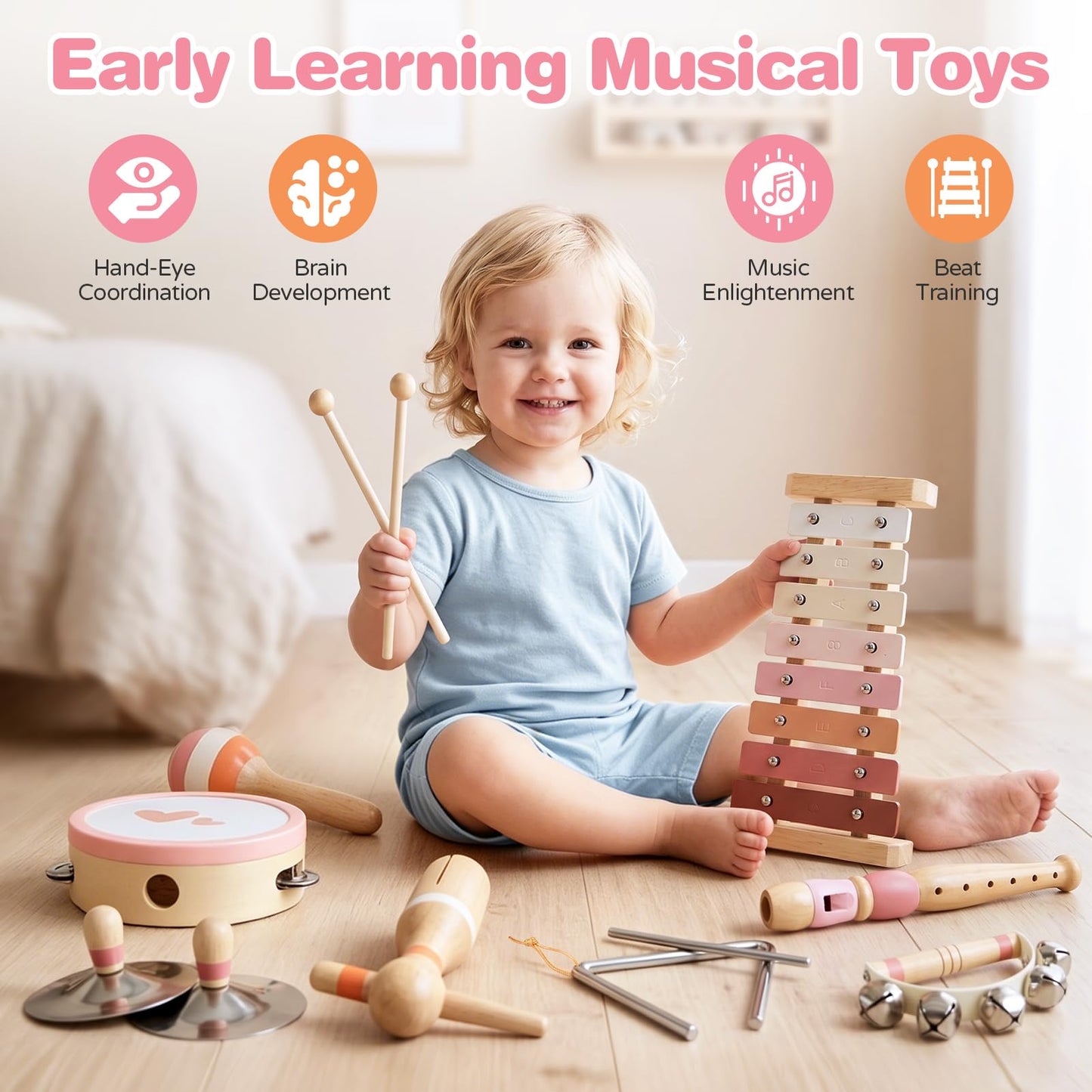Vanplay Musical Toys for 2 Year Old Girls Birthday Gifts, Montessori Toys for 2 3 Year Old, 8 in 1 Wooden Musical Instruments with Xylophone/ Tambourine/Maracas for Toddler 2-4