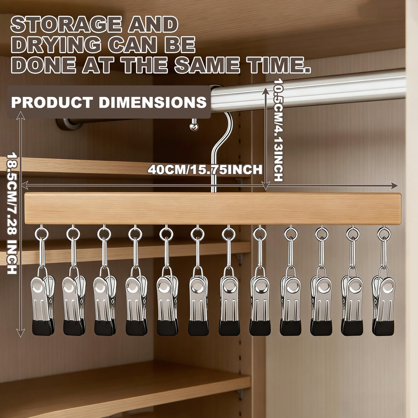 Shgxjjnb Wooden Rotating Pants Hanger, Closet Organizer with 12 Clips, Space Saving Hanging Clothes Legging Wardrobe Organizer for Jeans, Hats, Shorts, Socks (Brown+Nature, 2Pack)