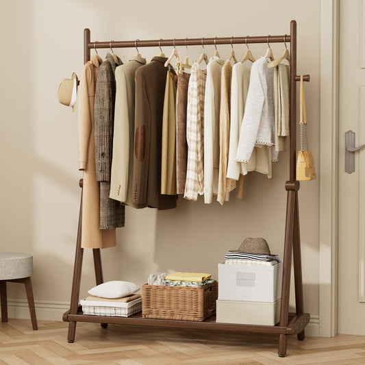 Wamhom Solid Wood Clothes Rack,Freestanding Garment Rack & Coat Tree,Extra-Long 39.38" Hanging Rod, Double Storage Shelves for Bedroom, Entryway, Hallway