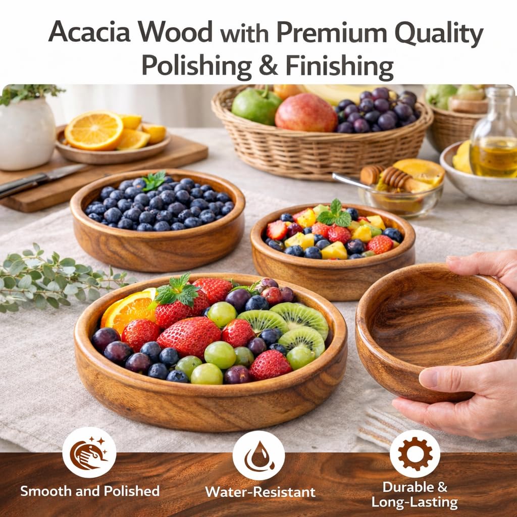 AYANSHITIK Acacia Wood Serving Bowls Set of 3 (4, 6 and 8 Inch), 100% Solid Natural Acacia, Smooth Polished Finish round, for Snack, Salad, and Fruit