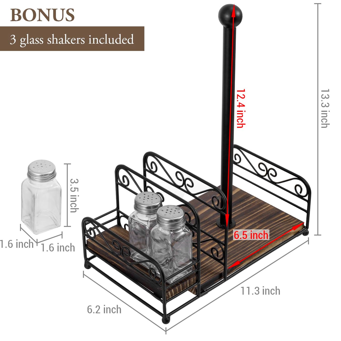MyGift Matte Black Metal Wire Scrollwork Paper Towel Roll Holder Combo Caddy with Rustic Burnt Solid Wood Base, Napkin Holder, and Spice Rack