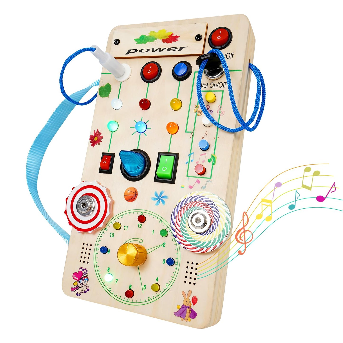 TNYI Montessori Wooden Busy Board with LED Light Up Switches & Music and Spinning Top, Toddler Sensory Educational Fidget Board, for 1+ Year Old Baby and Toddler