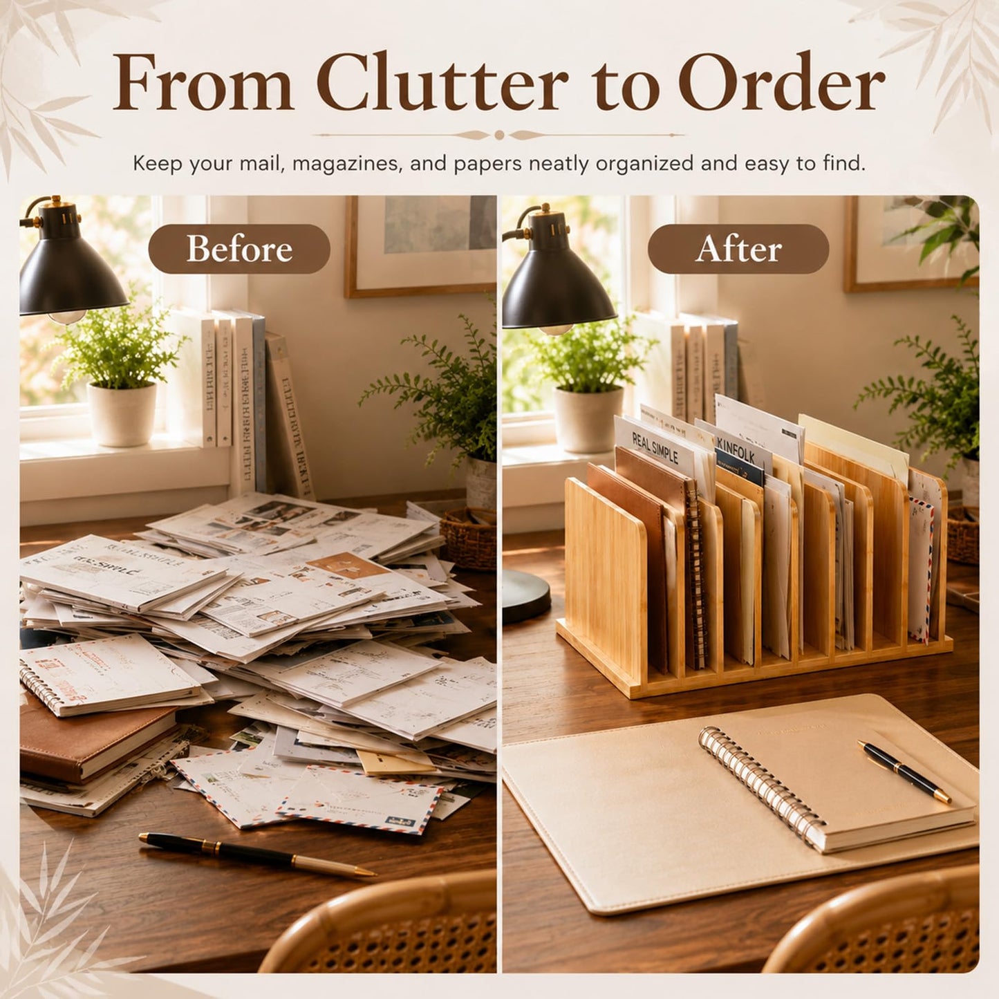 Suzile Bamboo File Organizer for Desk, 10 Slot Vertical File Sorter, Desktop Mail Holder, Wooden Office Desk Organizer Countertop Paper Holders for Documents, Letters