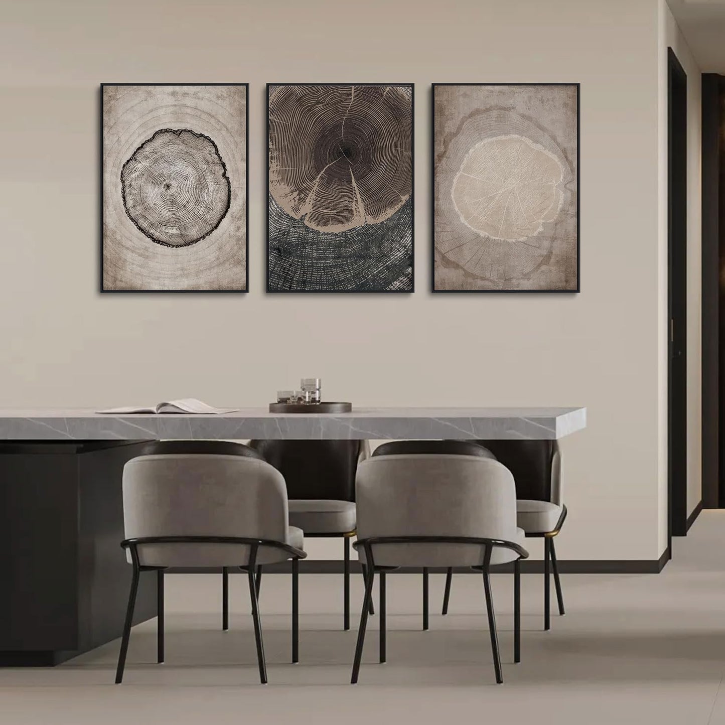 okudolit Tree Rings Canvas Wall Art Set Large Framed Modern Wood Stump Paintings Neutral Abstract Black Beige Wall Decor Forest Nature Art Print for Living Room Bedroom Dining Room Office-16 x24 x3