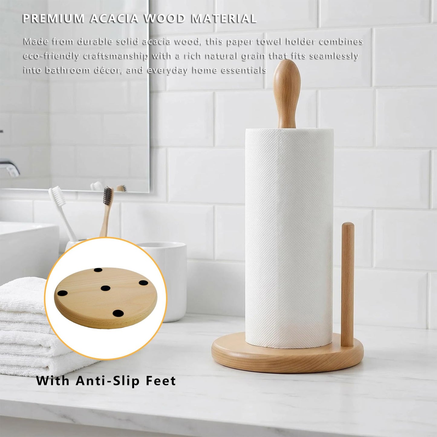 JURHSDEGD Wooden Paper Towel Holder – Weighted Wide Base, Fits Jumbo & Standard Rolls, One-Hand Tear, Kitchen Countertop Organizer