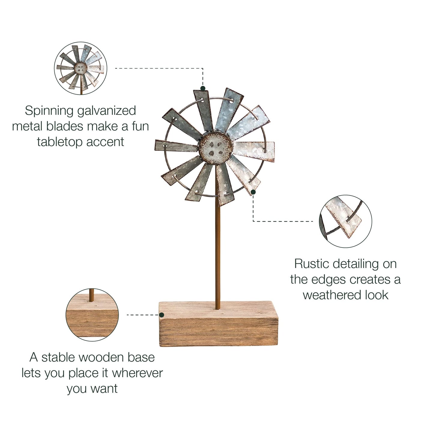 CWI Gifts Simple Windmill Table Sitter - 10 inch Galvanized Metal Windmill - Farmhouse Tabletop Decor