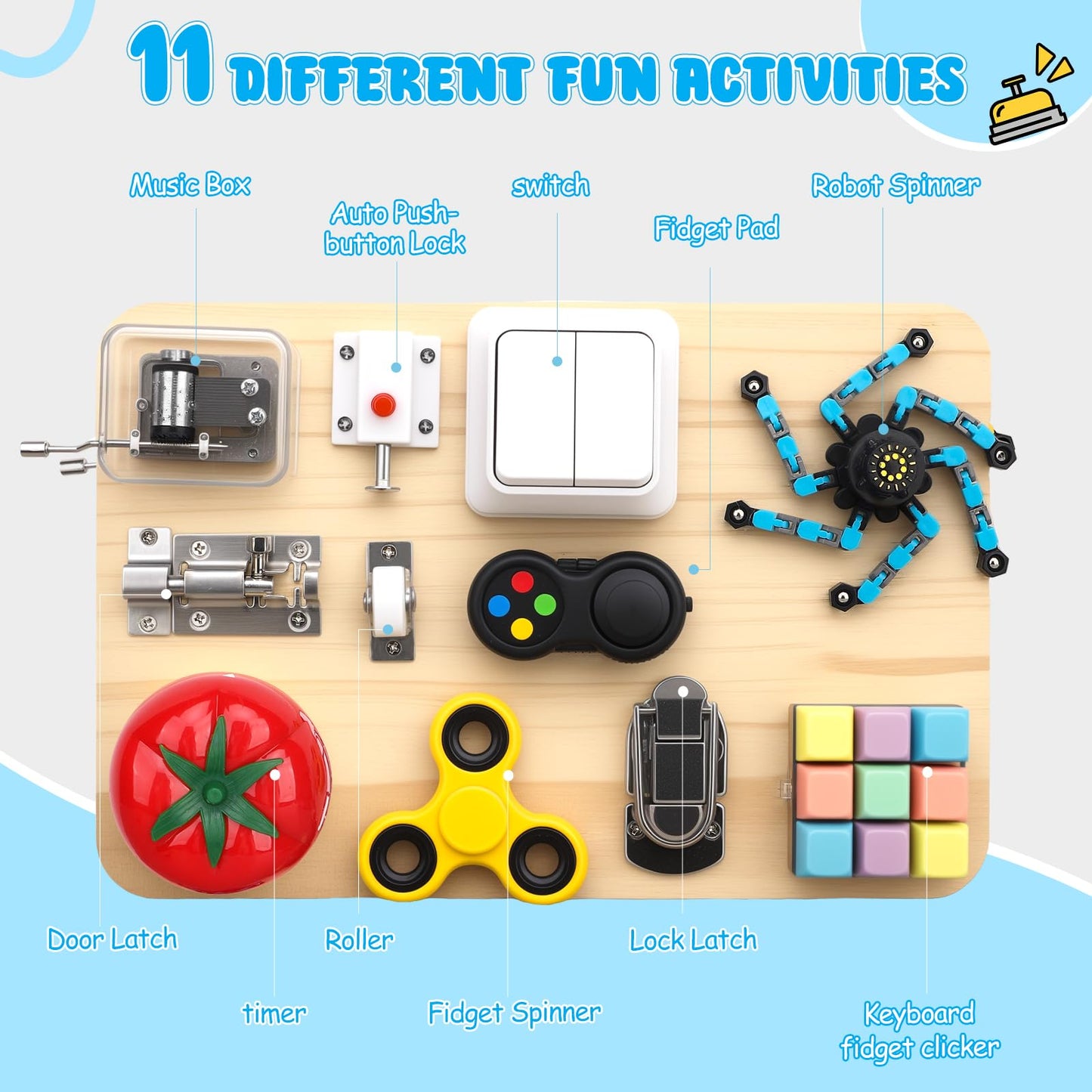 Wooden Busy Board Fidget Pad for Kids Adults, Musical Fidget Spinner for Stress Relief, 11 in 1 Sensory Fidget Toys for Travel, Preschool Learning Activities Fine Moto
