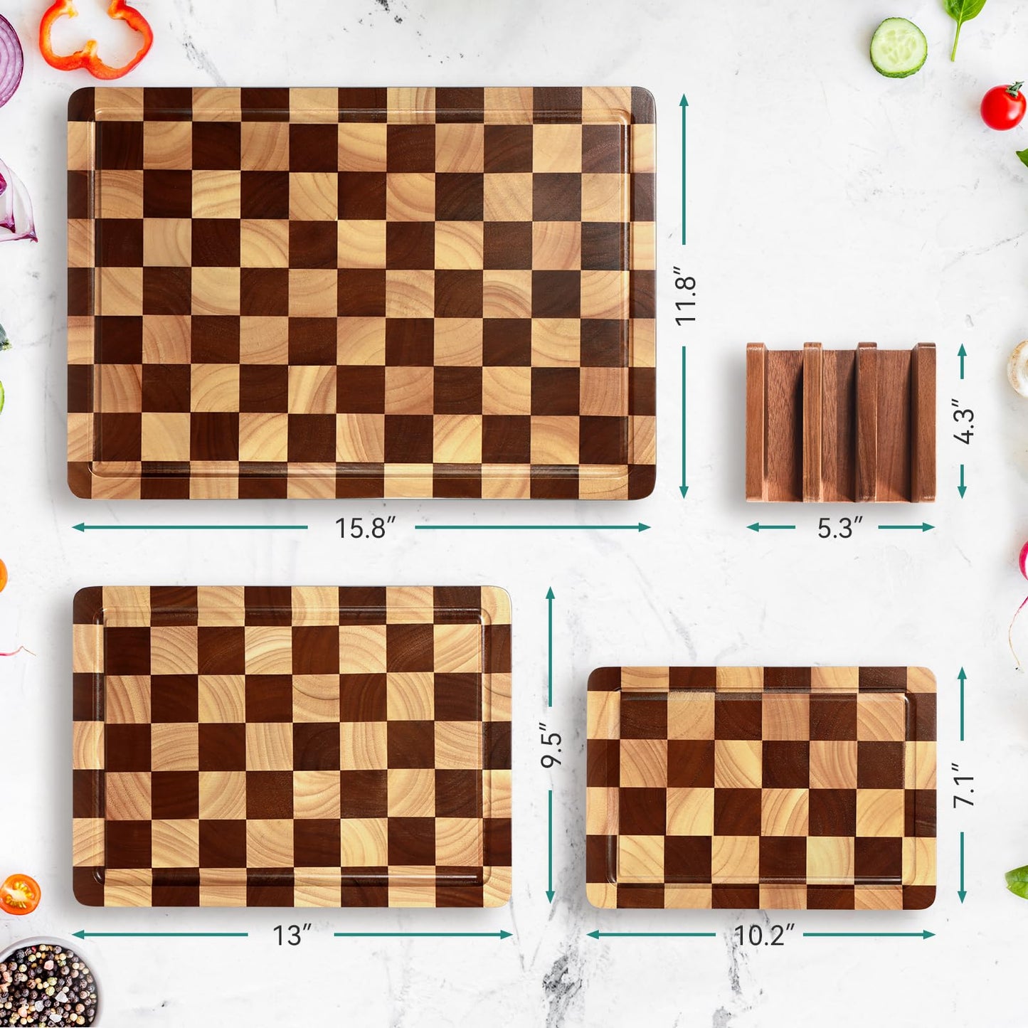 Checkerboard Cutting Board 3-PC Set, Solid Wooden Chopping Board, Acacia Wood Cutting Board for Kitchen with Holder with Deep Juice Grooves & Built-in Handles, for Meat, Vegetables and Fruits