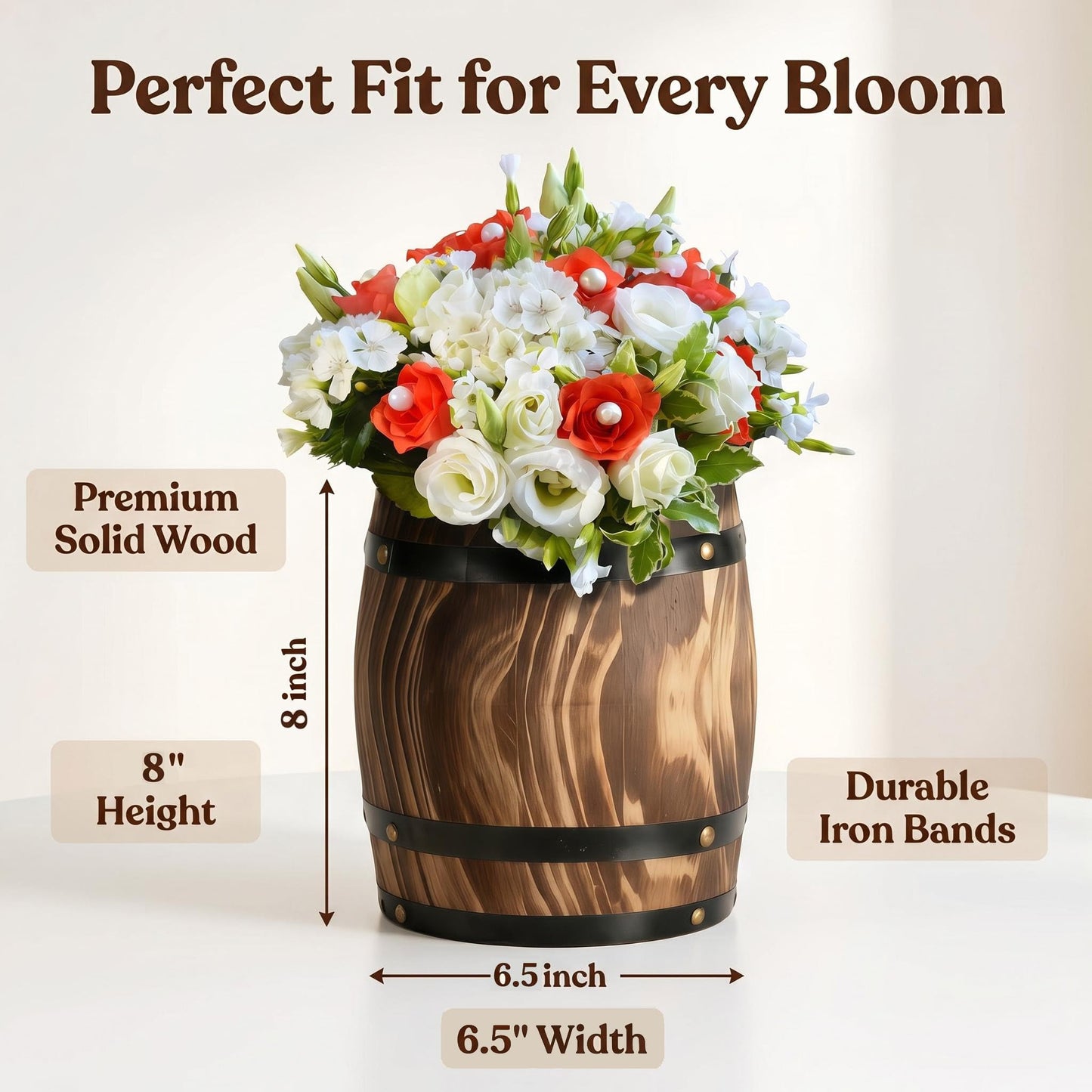2Pcs Ippoulas Wooden Wine Barrel Planters 8" x 6.5" - Set of Rustic Wood Vases for Flowers, Centerpieces Decor | Wine Barrel Wedding, Party, Home Decoration