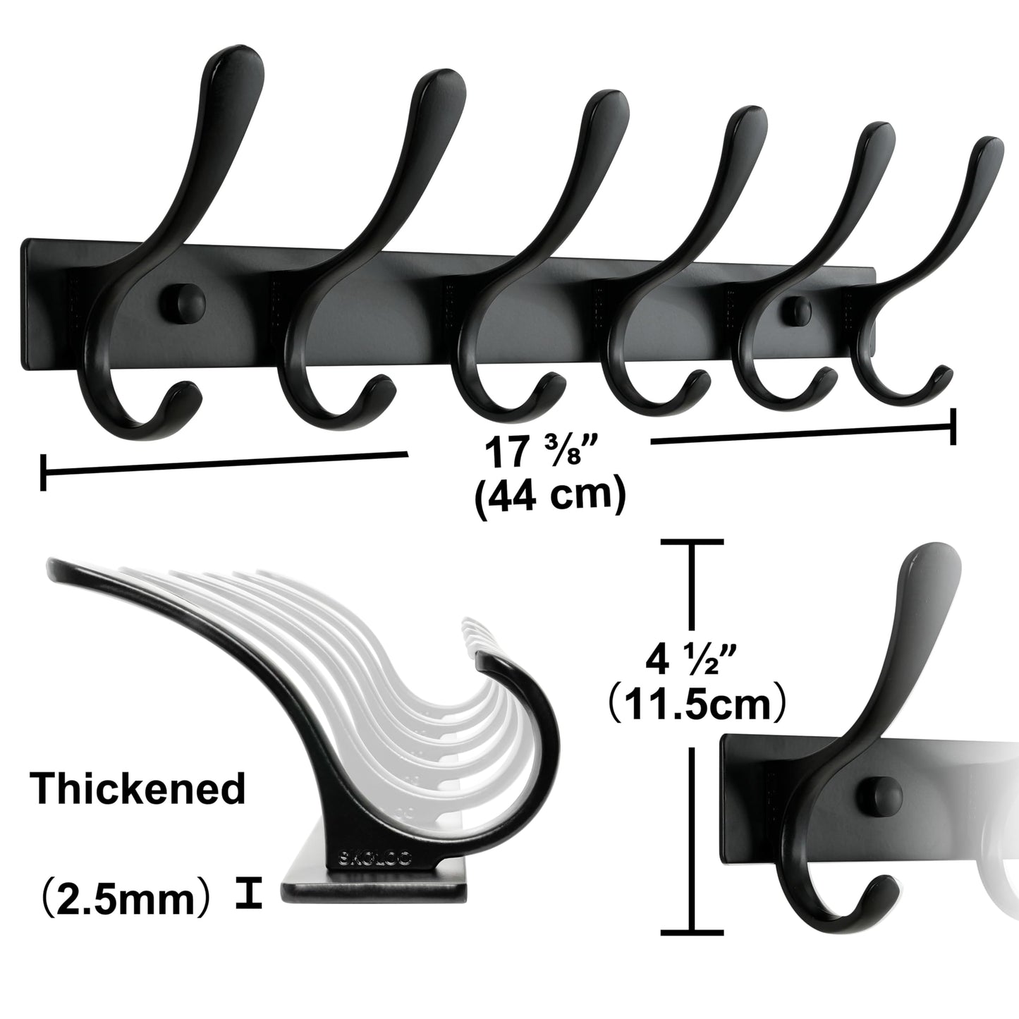 SKOLOO Coat Rack Wall Mounted - 6 Hooks, Heavy Duty, Stainless Steel, Metal Wall Hanger, Sturdy Coat Hooks for Hanging Coats, Jacket, Clothes, Hats - Black