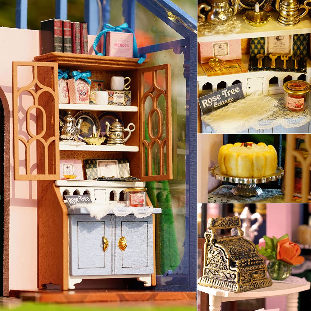 TuKIIE DIY Miniature Dollhouse Furniture Kit, 1:24 Scale Creative Room Wooden Doll House Accessories Plus Dust Proof & Music Movement for Kids Teens Adults(Rose Garden Tea House)