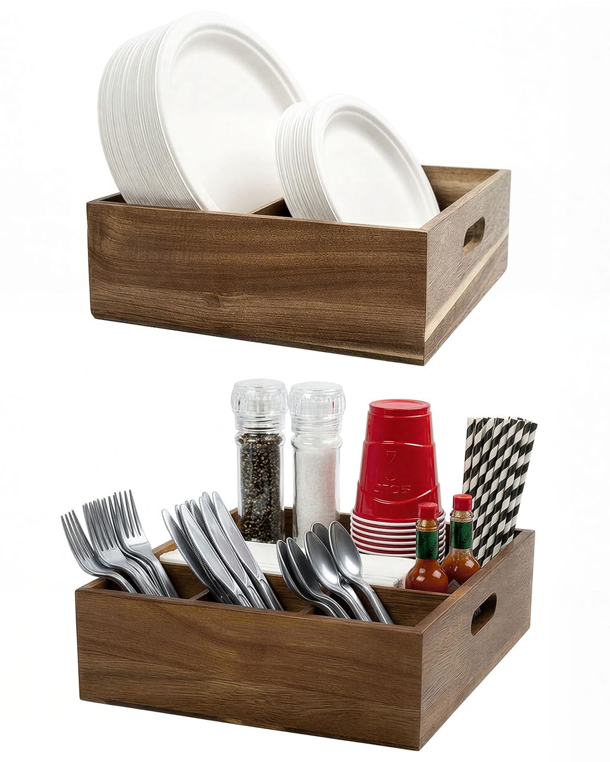 Acacia Wood Utensil Holder for Party (Set of 2) - 11" x 9.5" Utensil Caddy for Parties & Silverware Caddy for Countertop - Holds Plates, Napkins, Cups, Spoons, Forks - Kitchen Accessories