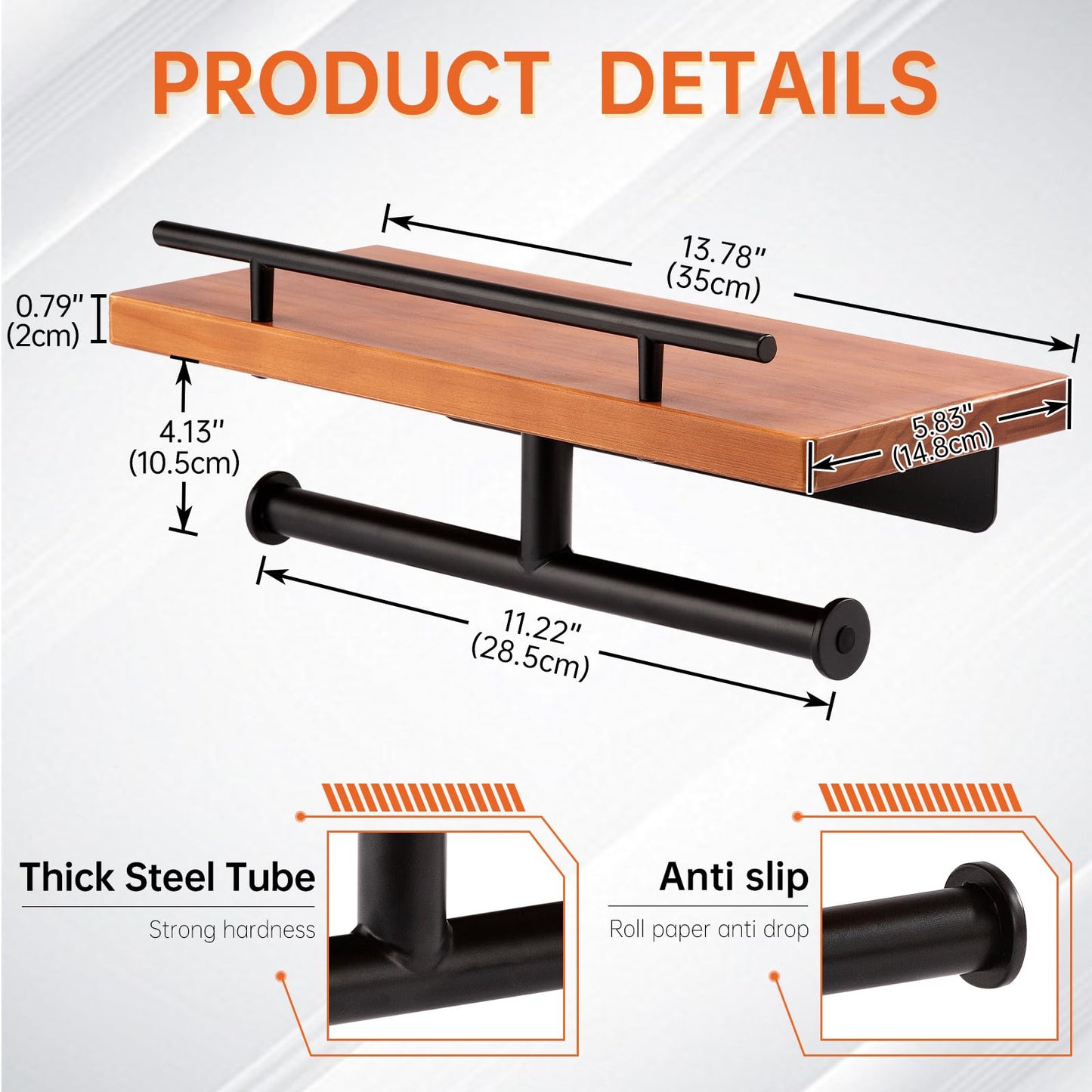 Toilet Paper Holder with Wood Shelf, Wall Mount Toilet Paper Roll Holder with Wooden Shelf and Matte Black Stainless Steel Pipe, Tissue Roll Holder for Bathroom Washroom (Light Brown, 13.8'' x 5.9'')