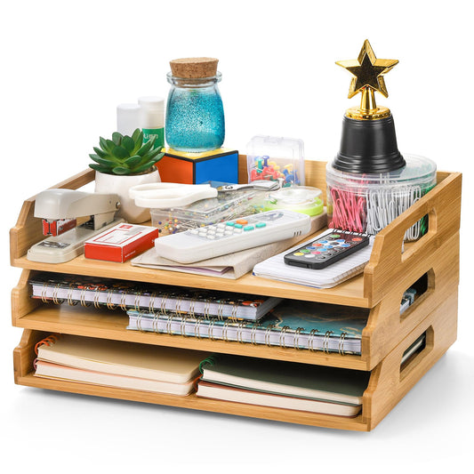Okllen 3 Pack Stackable Paper Trays, Bamboo Desk Letter Tray Set, 3 Tier File Document Organizer Tray for A4 Paper, Magazine, Receipts, Office Supplies