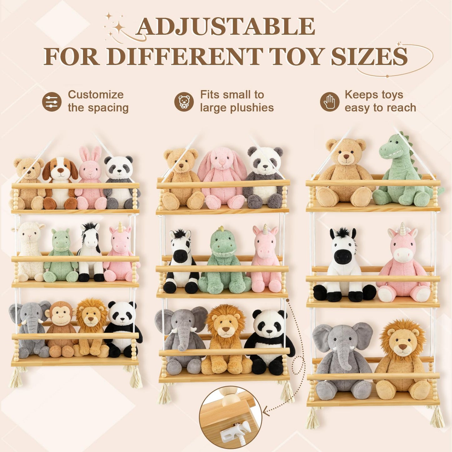 Novabright 3 Tier Stuffed Animal Storage Organizer Adjustable Hanging Plush Toy Display Shelf Boho Stuffy Hammock Storage Wooden Floating Shelf for Nursery Playroom Kids Wall Door Room Decor