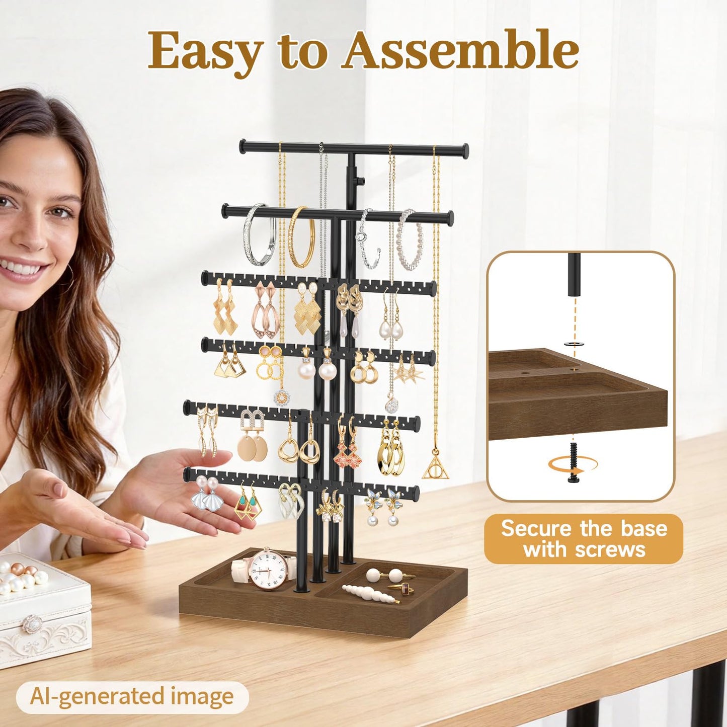MODOWEY Necklace Holder Organizer Earring Display Stand with Wooden Tray, Metal Adjustable Bracelet Tree Rack for Women Vendor Selling, 6 Tier Tall T Bar Large Storage Tower for Find Jewelry In Second